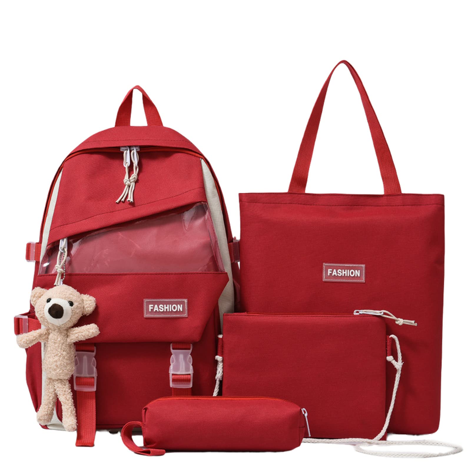 Aobiono Kawaii Backpack Set - 4Pcs Cute Bear Pin Pendant Accessories, Aesthetic School Supplies with Pencil Case & Tote Bag, Lightweight Large Capacity Canvas Daypack for Women & Teens (Red) - Perfect for School, Travel & Daily Use