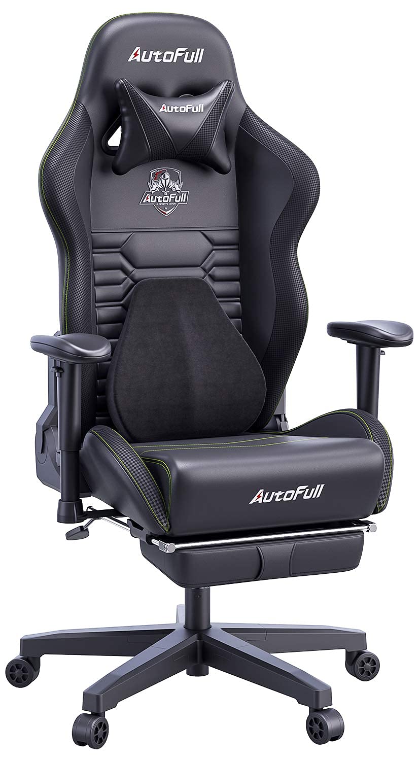 AutoFull Ergonomic Gaming Chair with 3D Bionic Lumbar Support - Racing Style PU Leather Computer Chair with Retractable Footrest (Black) - Perfect for Esports, Streaming & Home Office Setup