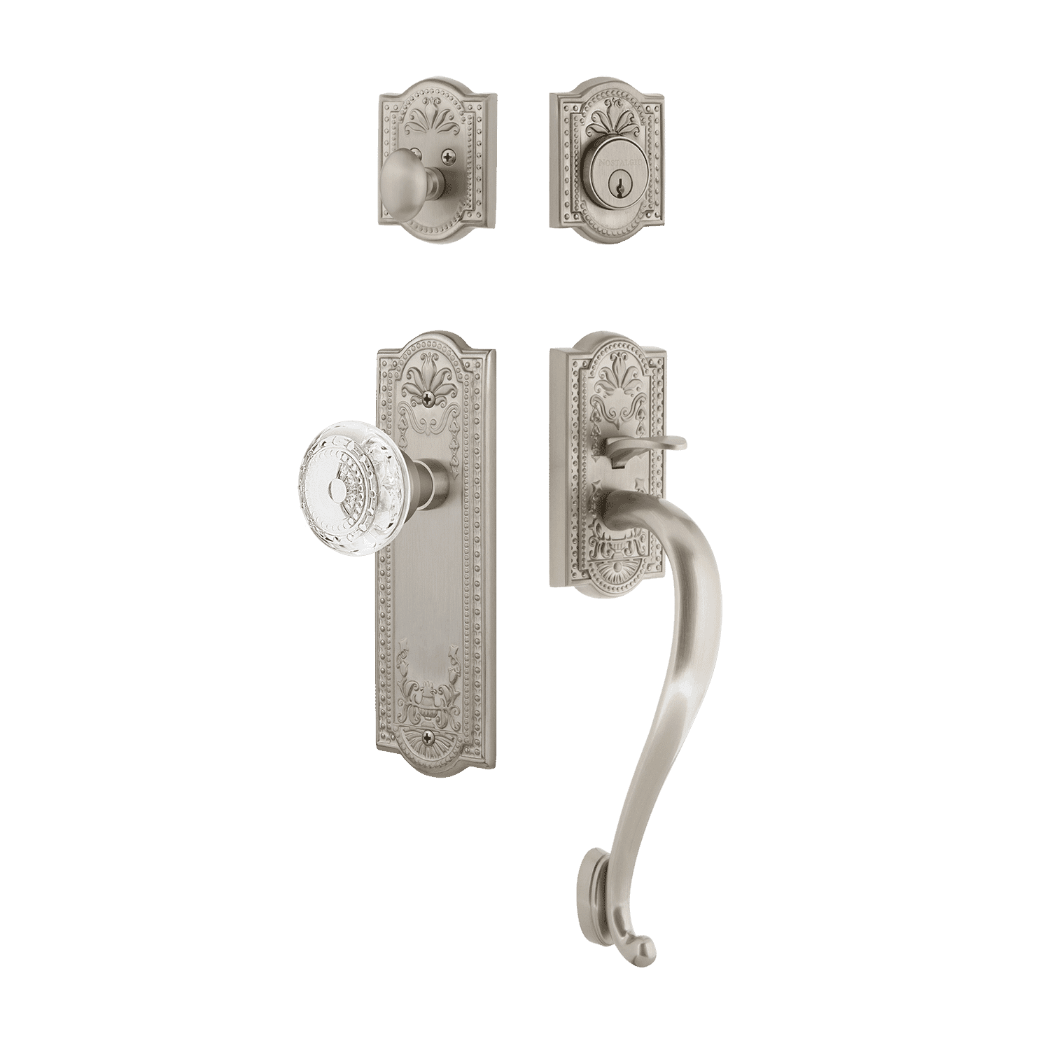 Satin Nickel Meadows Handleset with S Grip & Long Plate - Crystal Knob Door Handle for Bedroom, Bathroom & Interior Doors - Elegant & Durable Hardware for Home Decor