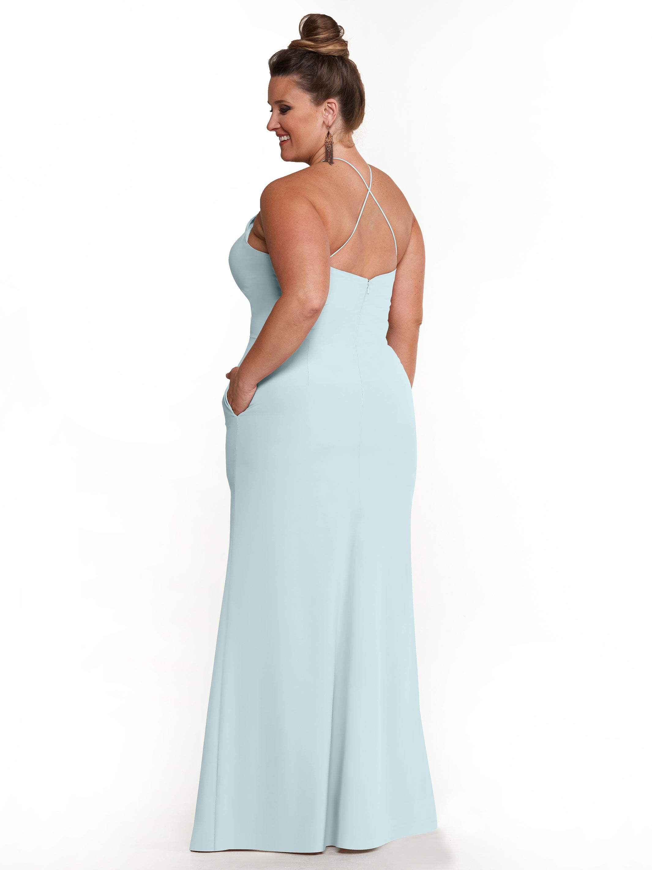 Elegant 83026 Sheath Stretch Chiffon Bridesmaid Dress with Halter Neckline & High Slit - Perfect for Weddings, Formal Events & Evening Parties