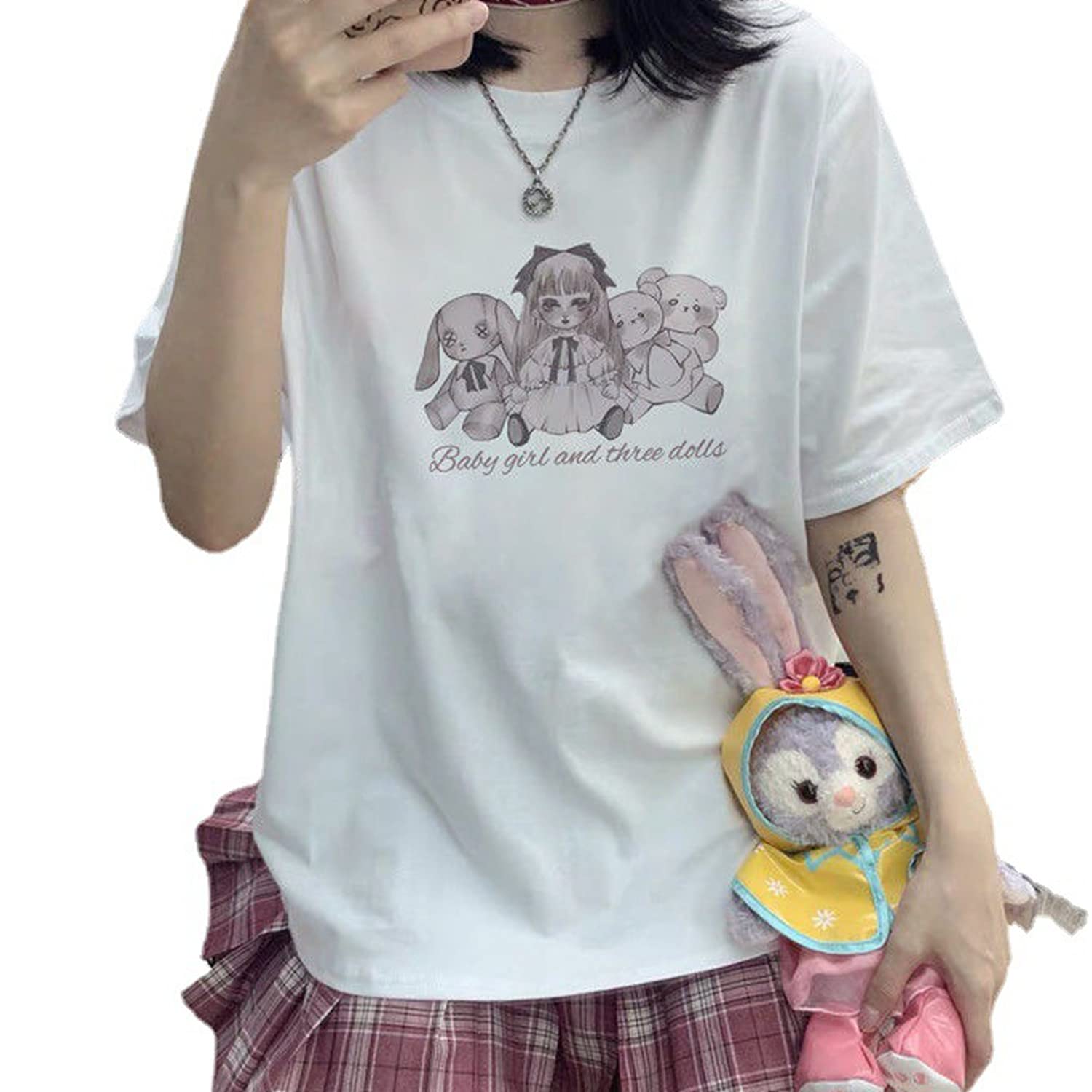 Women's Summer Goth T-Shirt - Creepy Doll & Bear Graphic Print Harajuku Style Korean Streetwear Top | Casual Wear for Concerts, Halloween, and Alternative Fashion
