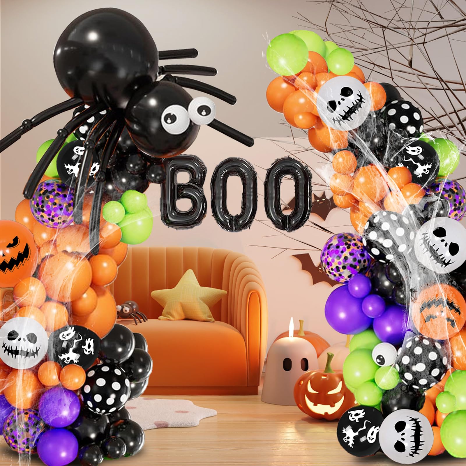 Halloween Balloon Garland Arch Kit - 136 Pcs Halloween Party Decor with Spider Web, Boo Foil Banner Balloons, Spider Balloons & Black Orange Purple Confetti Balloons for Indoor/Outdoor Halloween Decorations | Perfect for Halloween Parties, Home Decor & Spooky Events