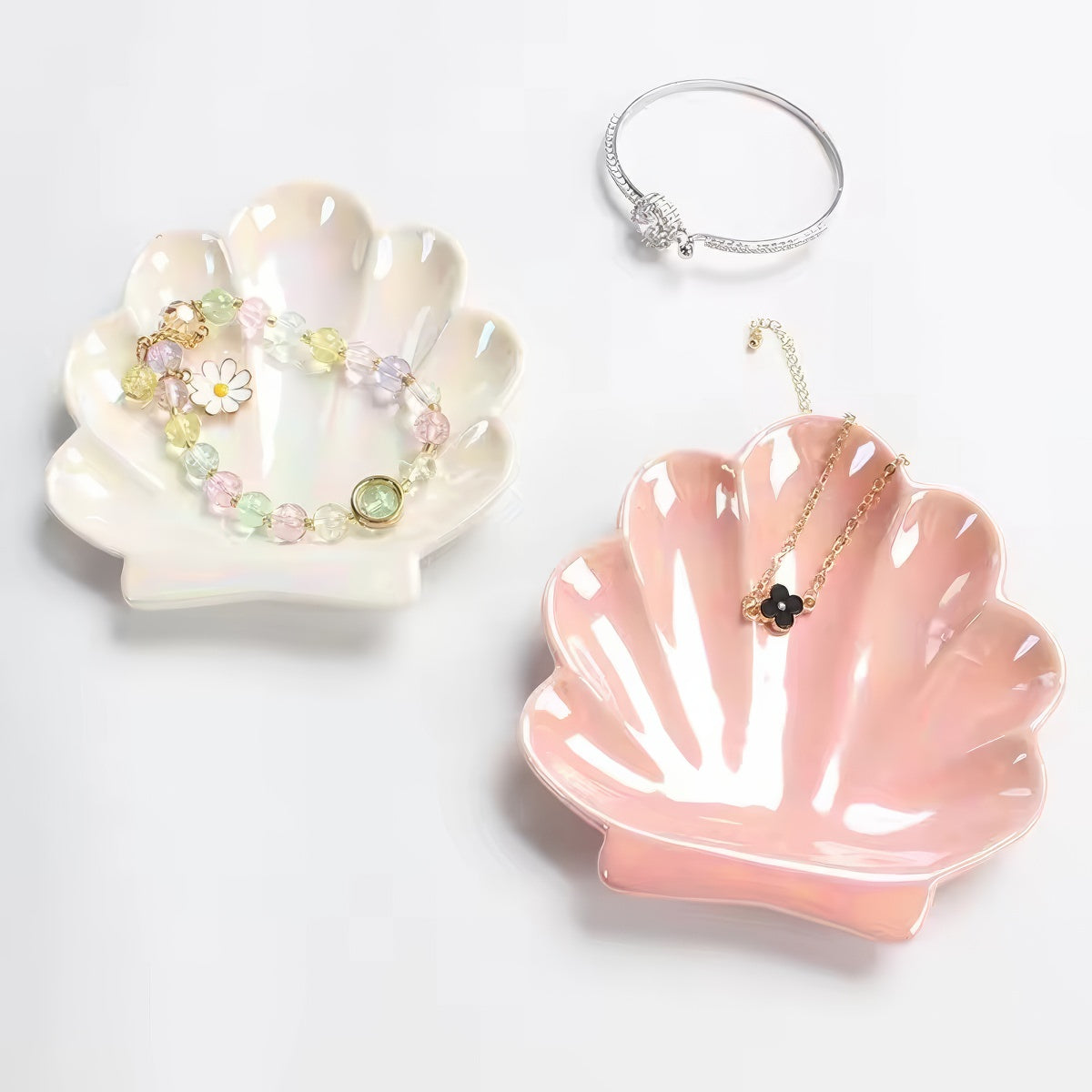 Iridescent Ceramic Seashell Jewelry Tray - Elegant Ring Holder & Organizer for Necklaces, Bracelets - Perfect for Beach House Decor, Bathroom Vanity & Gift Giving