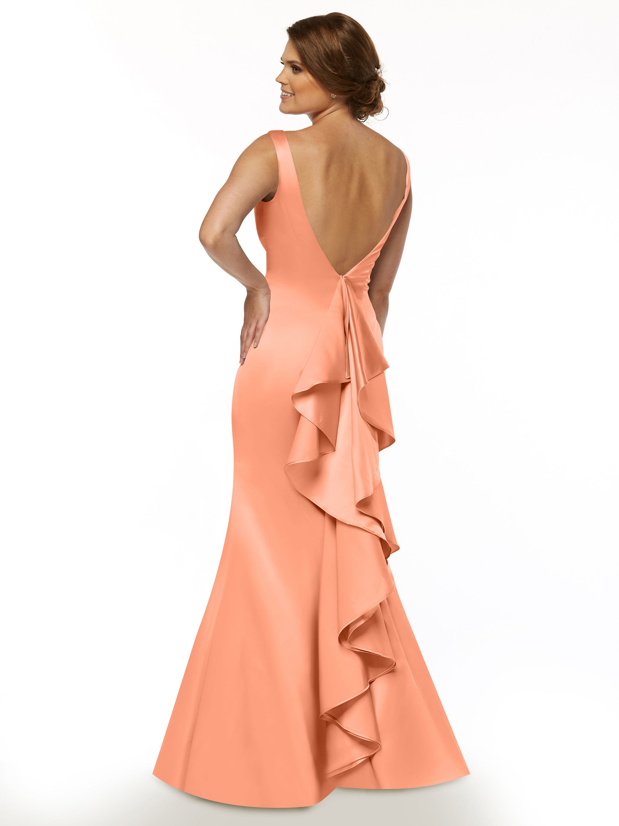 Elegant 80078 Fit and Flare Satin Bridesmaid Dress with V-Neckline & Ruffled Back - Perfect for Weddings, Proms, and Formal Events