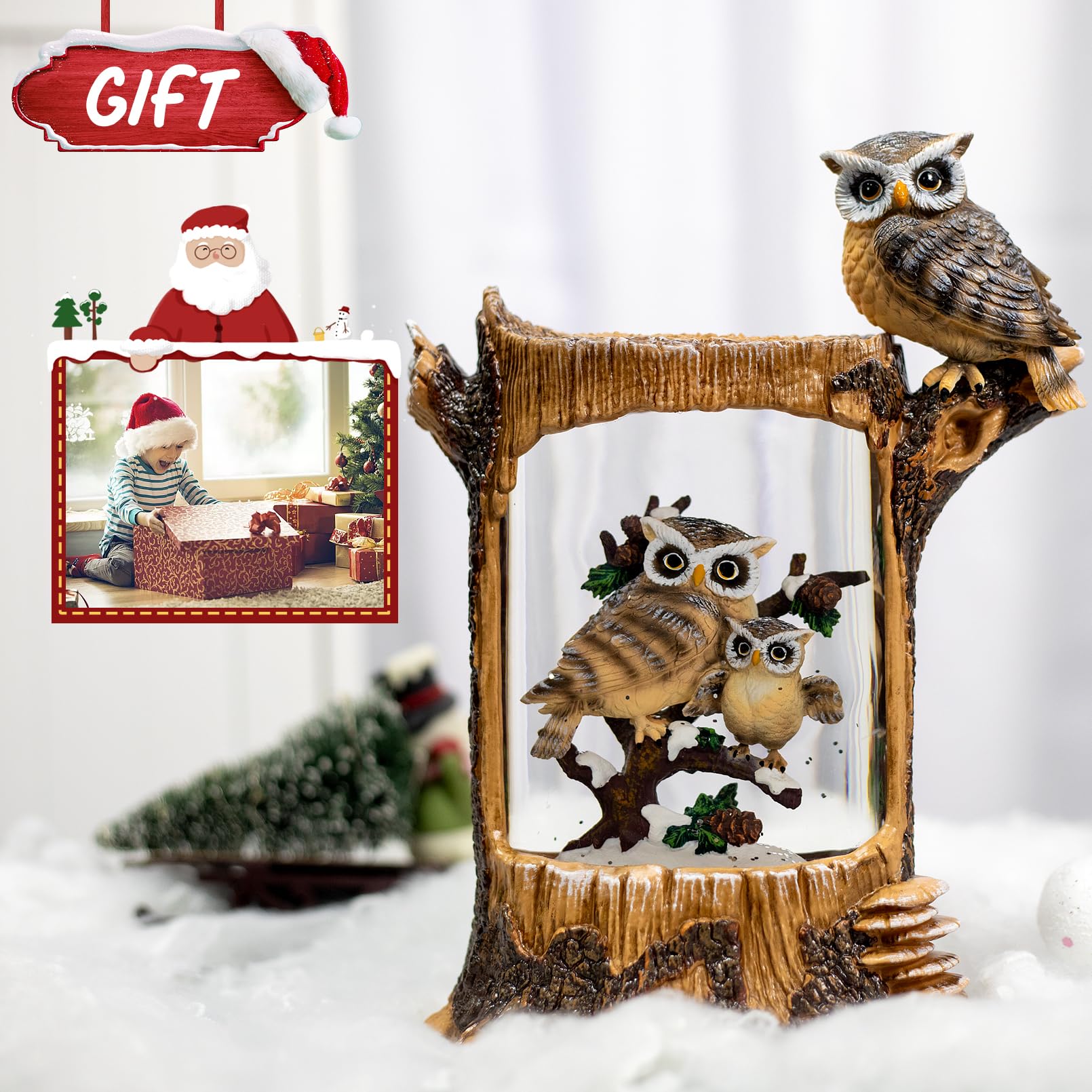 Christmas Owl Family Snow Globe with Music & Timer - Large Glittering Owl Figurine Holiday Decor for Home, Battery & USB Powered - Perfect for Christmas Gifts, Mantel Decor & Winter Wonderland Displays