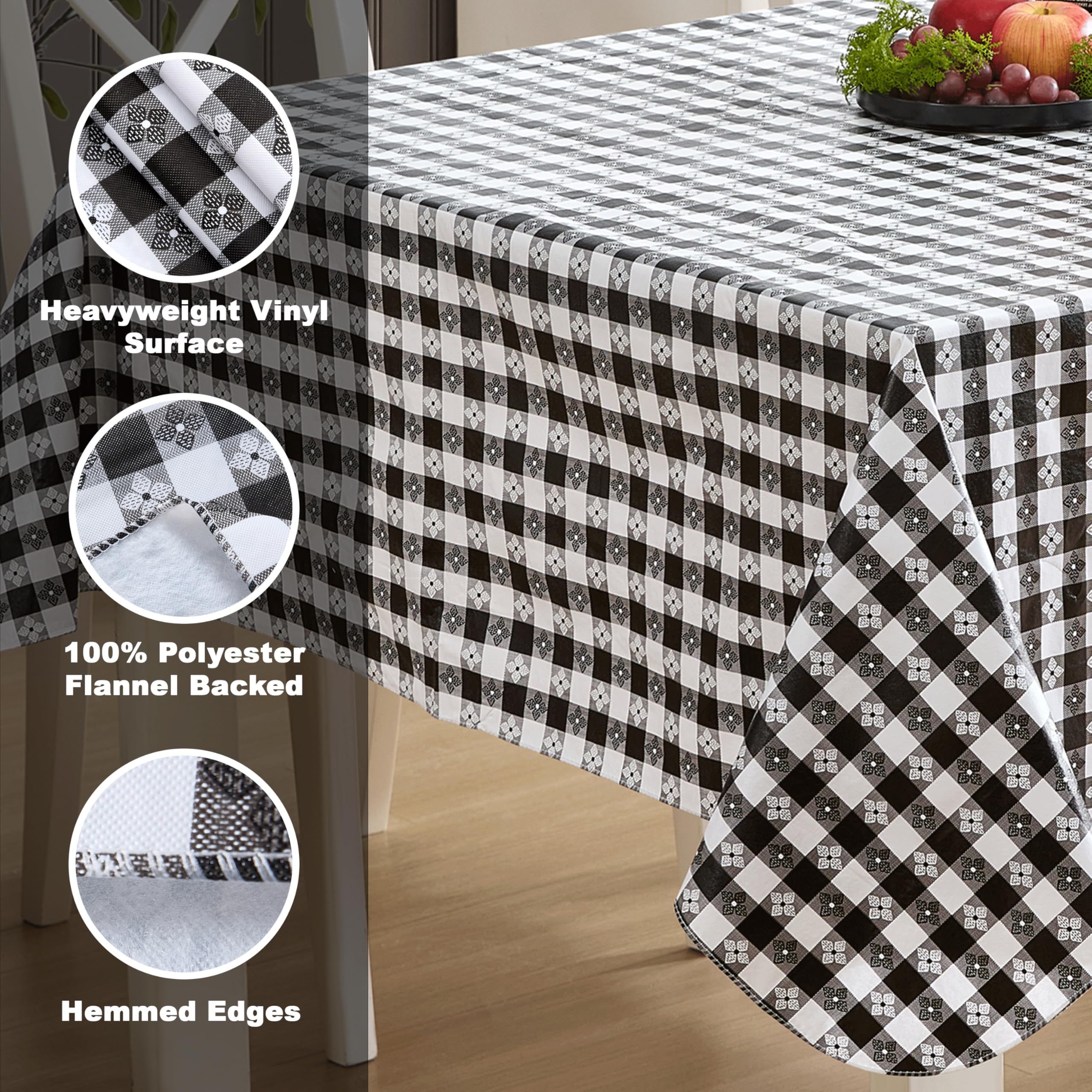 Newbridge 60 x 84 Inch Waterproof Rectangle Vinyl Tablecloth with Flannel Backing - Black & White Checkered Bistro Pattern - Durable Indoor/Outdoor Table Cover for Picnics, BBQs, Patio Dining, Restaurants & Cafe Decor