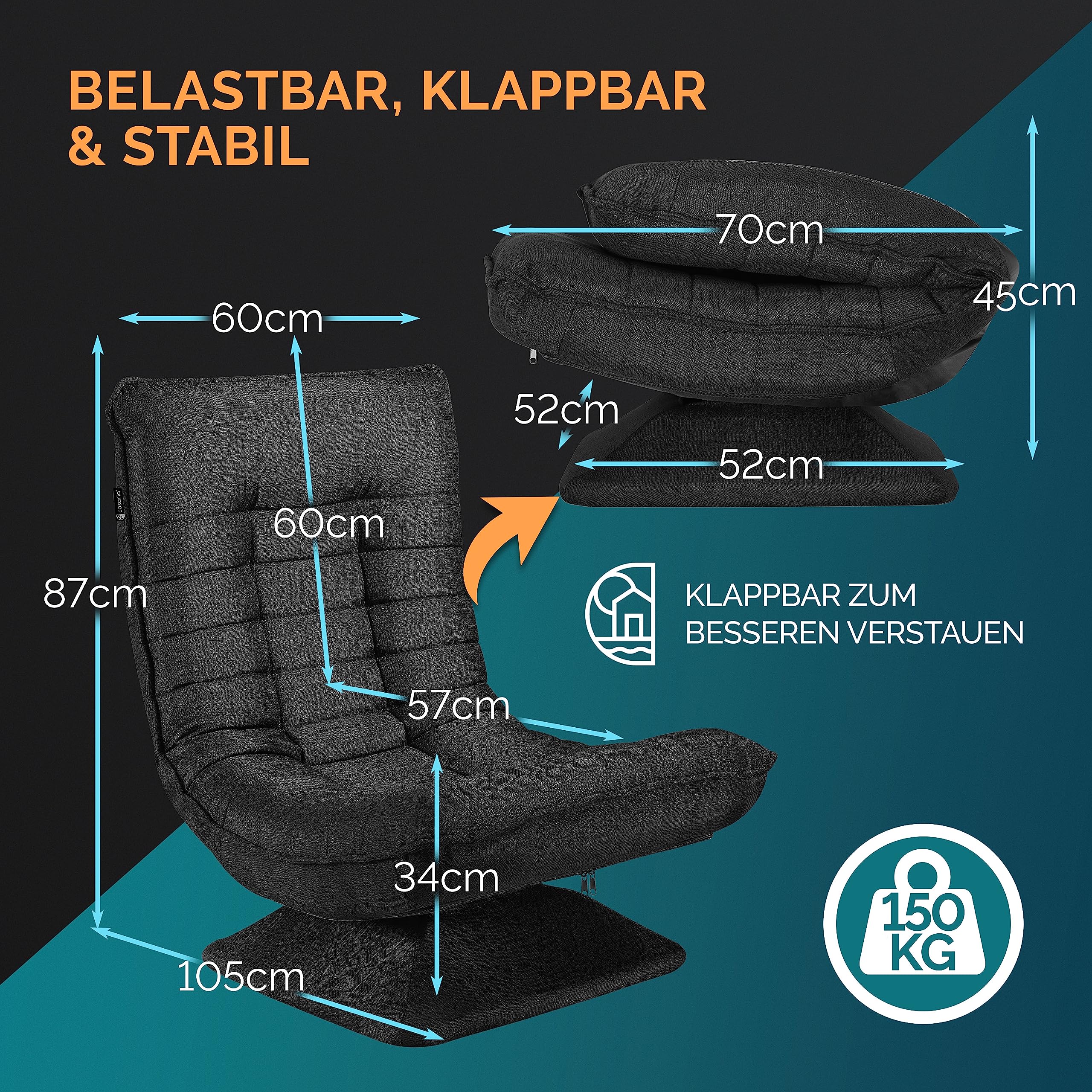CASARIA® Adjustable Backrest 360° Swivel Floor Chair - Foldable, Black Upholstered, Supports up to 150kg (60x105x87cm) - Perfect for Living Room, Bedroom, Gaming & Meditation