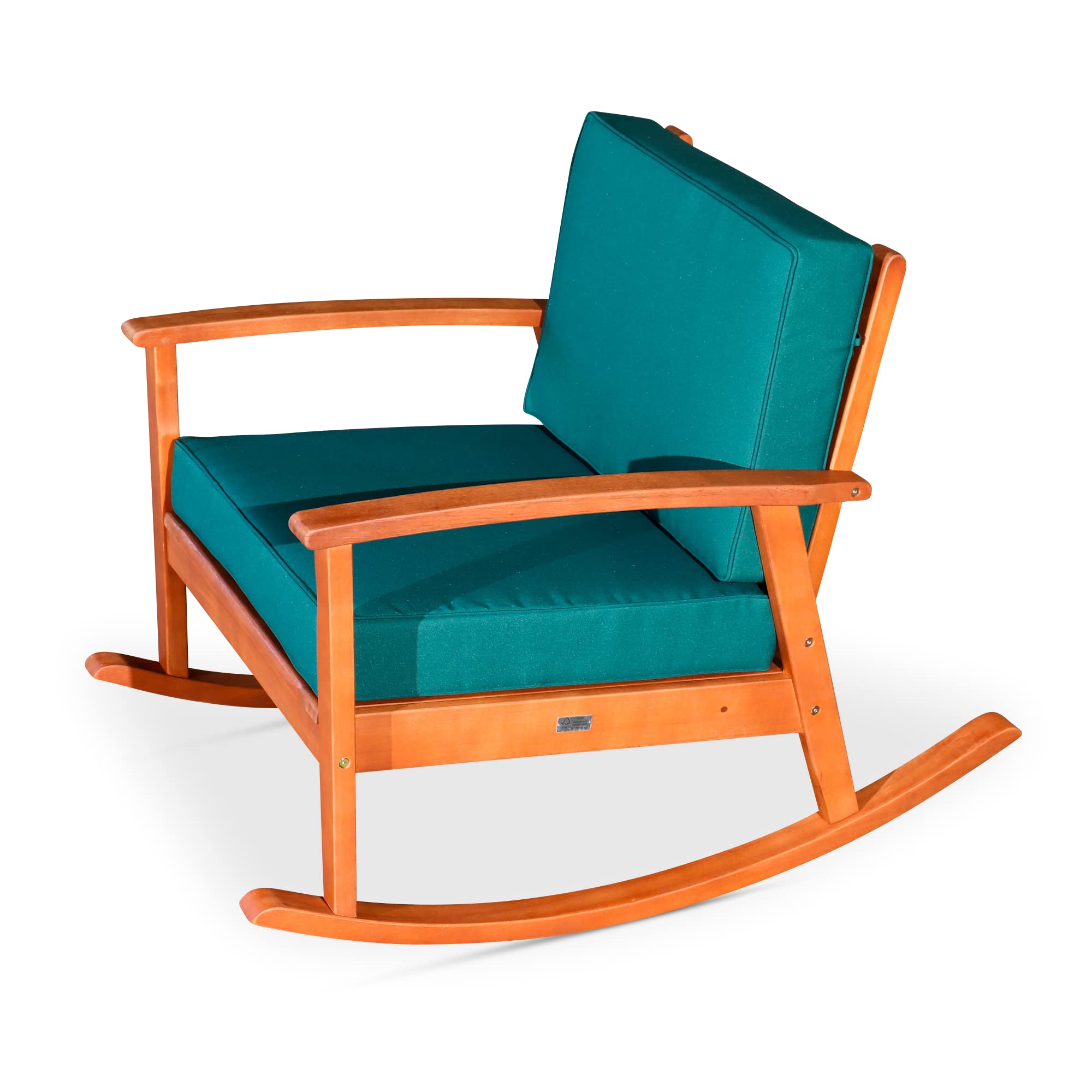 DTY Outdoor Living Longs Peak Deep Seat Eucalyptus Rocker - Natural Oil Finish with Dark Green Cushions | Patio, Garden, Porch Rocking Chair for Relaxation