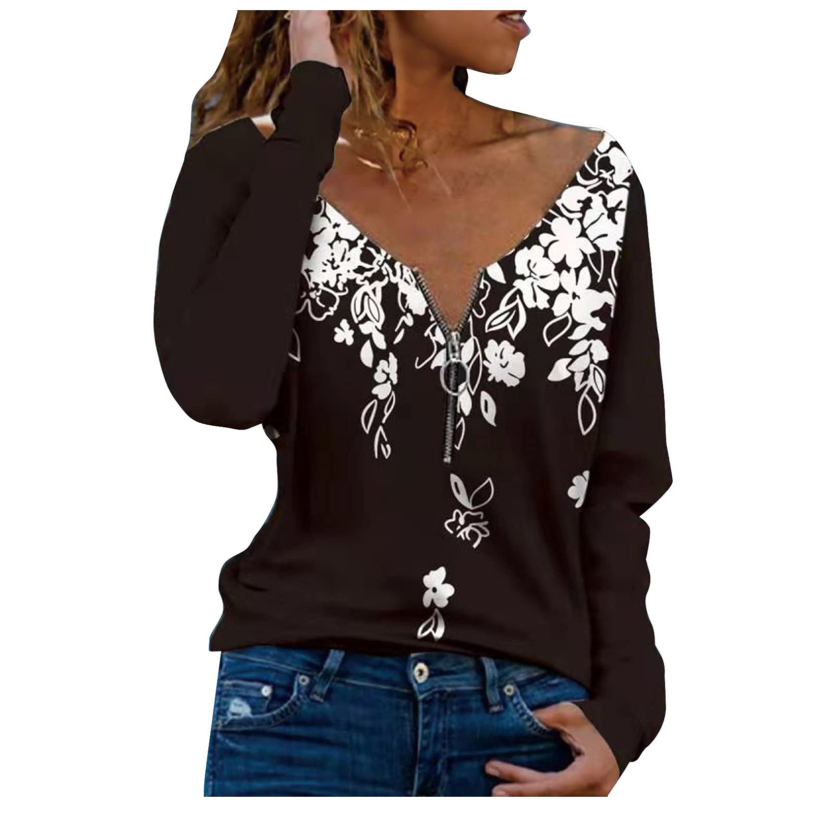 Women's Long Sleeve Fall Tops - Casual Loose V-Neck Graphic T-Shirts & Pullover Sweatshirts | Perfect for Autumn Layering, Office Wear & Weekend Outfits