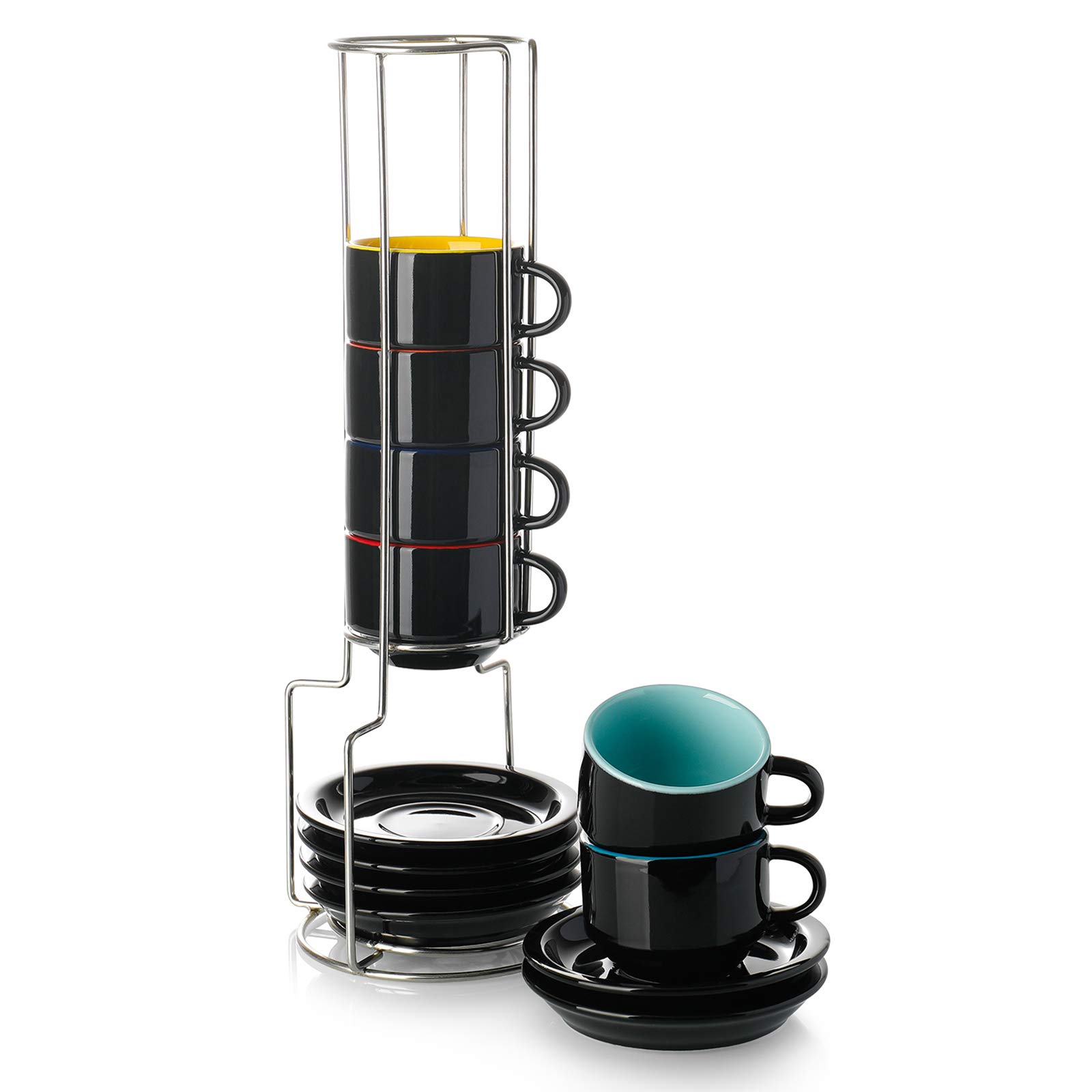Premium Porcelain Espresso Cups with Saucers & Metal Stand - 2.5oz Stackable Demitasse Coffee & Tea Set (6-Piece, Black & Multi-Color) - Perfect for Home Cafes, Dinner Parties & Gift Giving