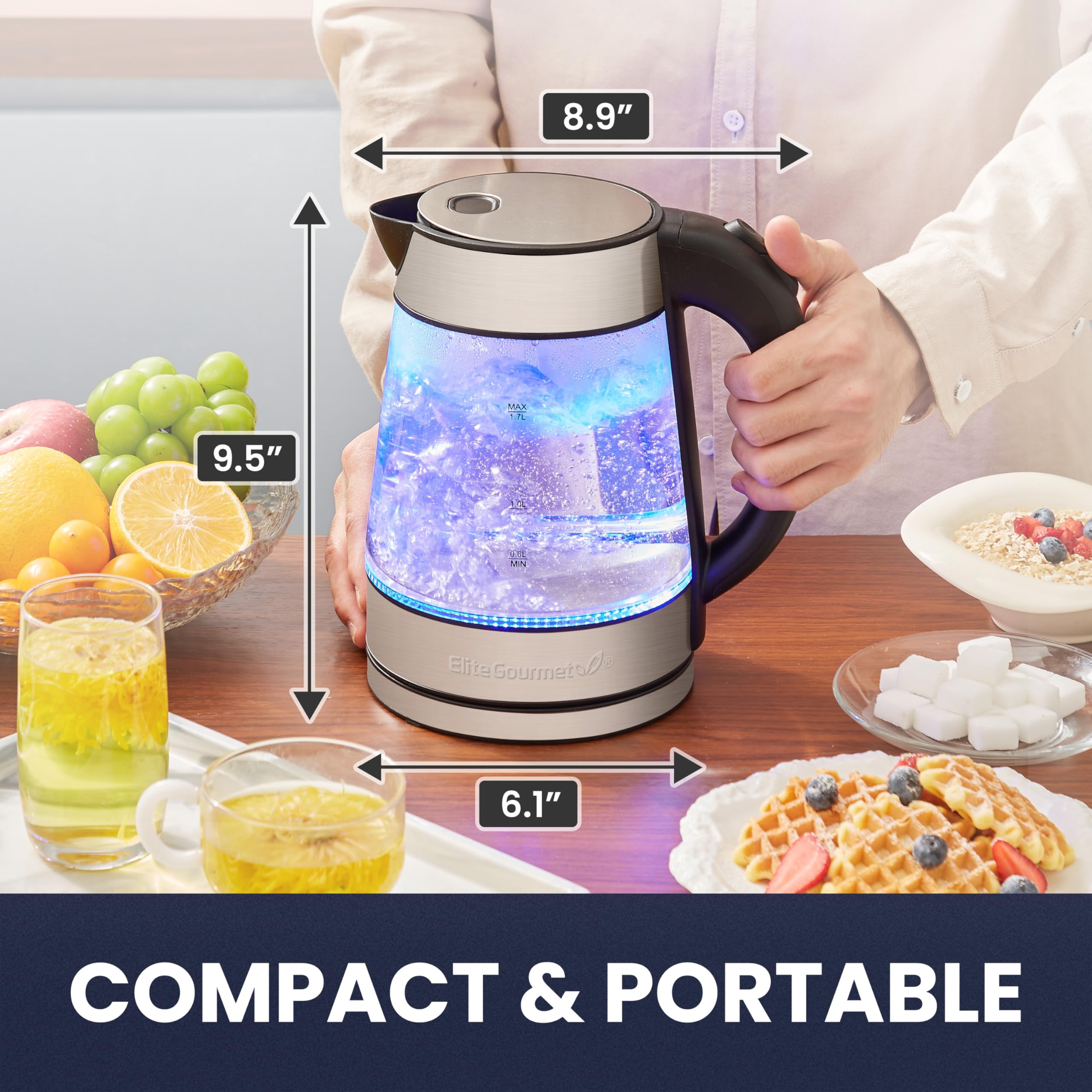 Elite Gourmet EKT-602 Electric Glass Kettle - BPA-Free, 360° Cordless Base, Blue LED Light, Auto Shut-Off - Fast Boiling for Tea, Coffee & Hot Drinks - Perfect for Home, Office & Dorm Use