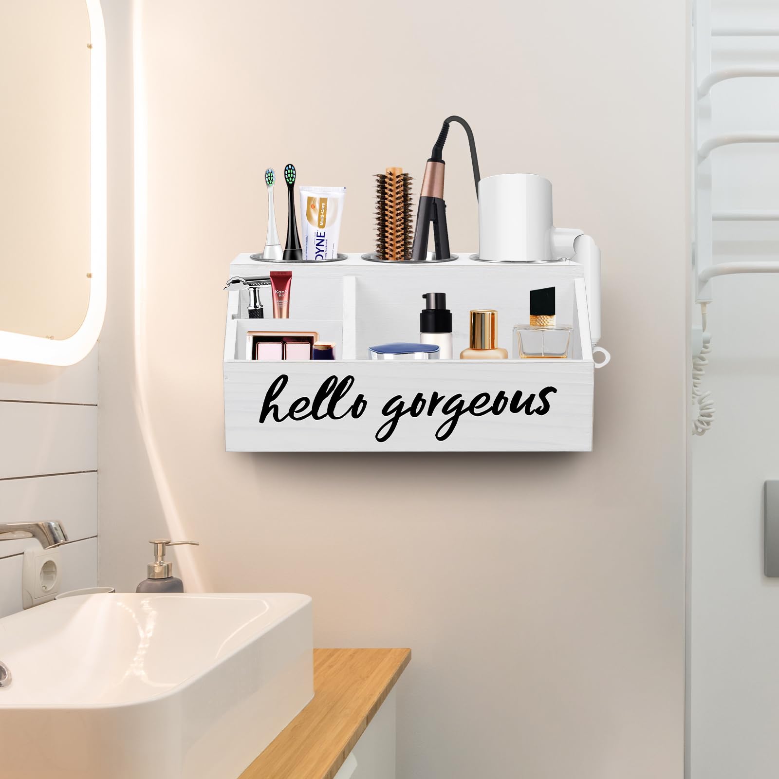 Anwelynd Wooden Hair Tools Organizer - Rustic Bathroom Countertop Storage Stand for Hair Dryer, Curling Iron & Straightener | Vanity Caddy for Styling Accessories | Perfect for Home, Salon & Spa Organization