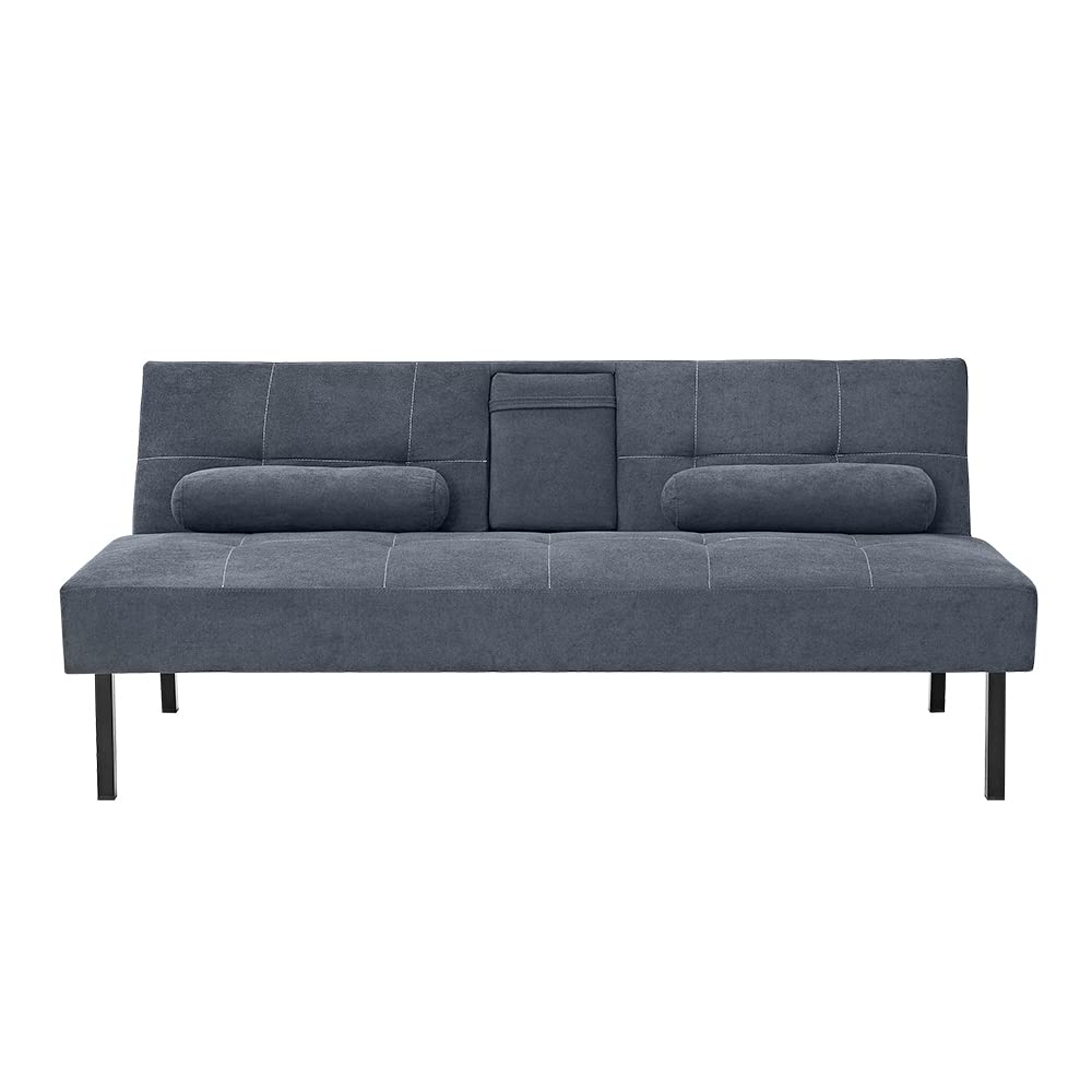 Modern Convertible Folding Futon Sofa Bed - 5 Angle Adjustable Linen Fabric Upholstered Daybed with 2 Cup Holders (Grey) | Space-Saving Guest Bed for Small Apartments, Dorm Rooms & Home Offices
