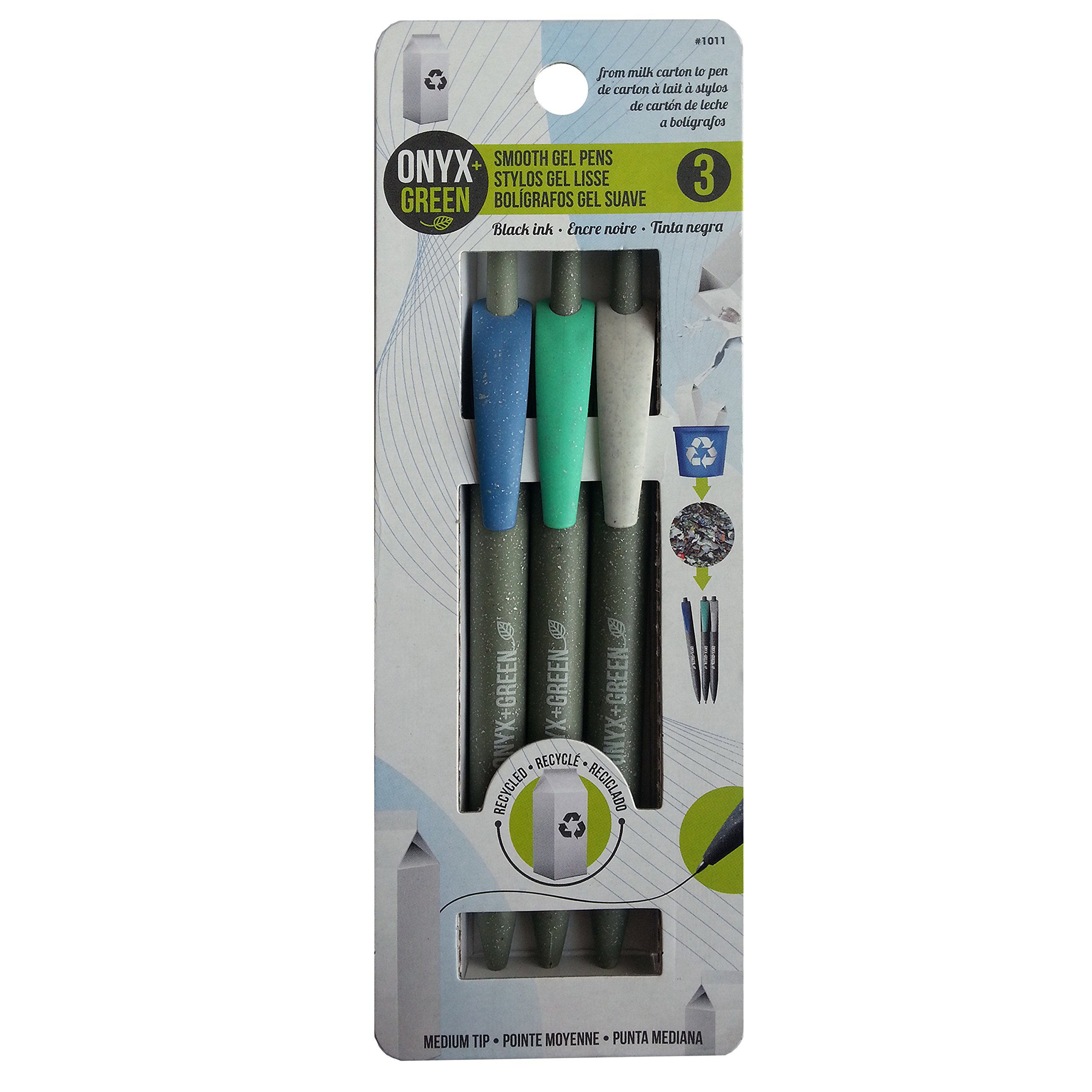 Onyx and Green 3-Pack Retractable Gel Pens - Medium Point, Black Ink, Made from Recycled Milk Cartons - Perfect for Office, School, Note Taking & Eco-Friendly Writing