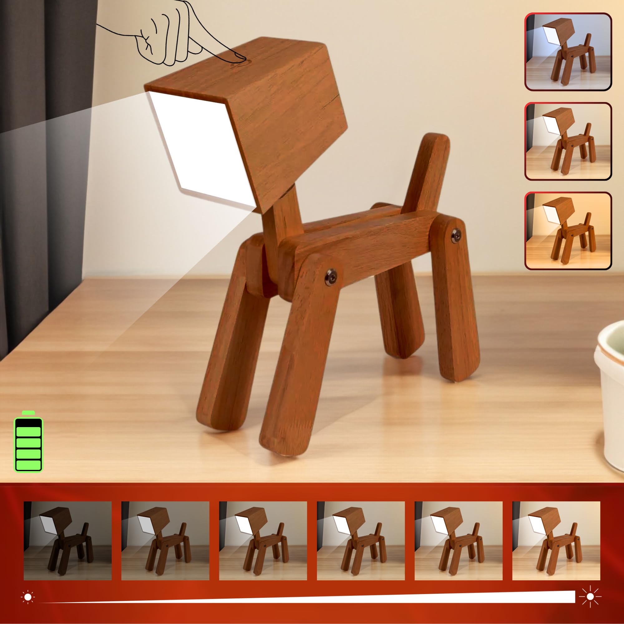 Adjustable Wooden Dog Table Lamp - Dimmable Touch Control, Warm White Light for Kids Room, Bedroom, Study & Office | Unique Animal Night Light, Portable Cute Desk Lamp (Walnut) - Perfect for Reading, Decor & Cozy Ambiance