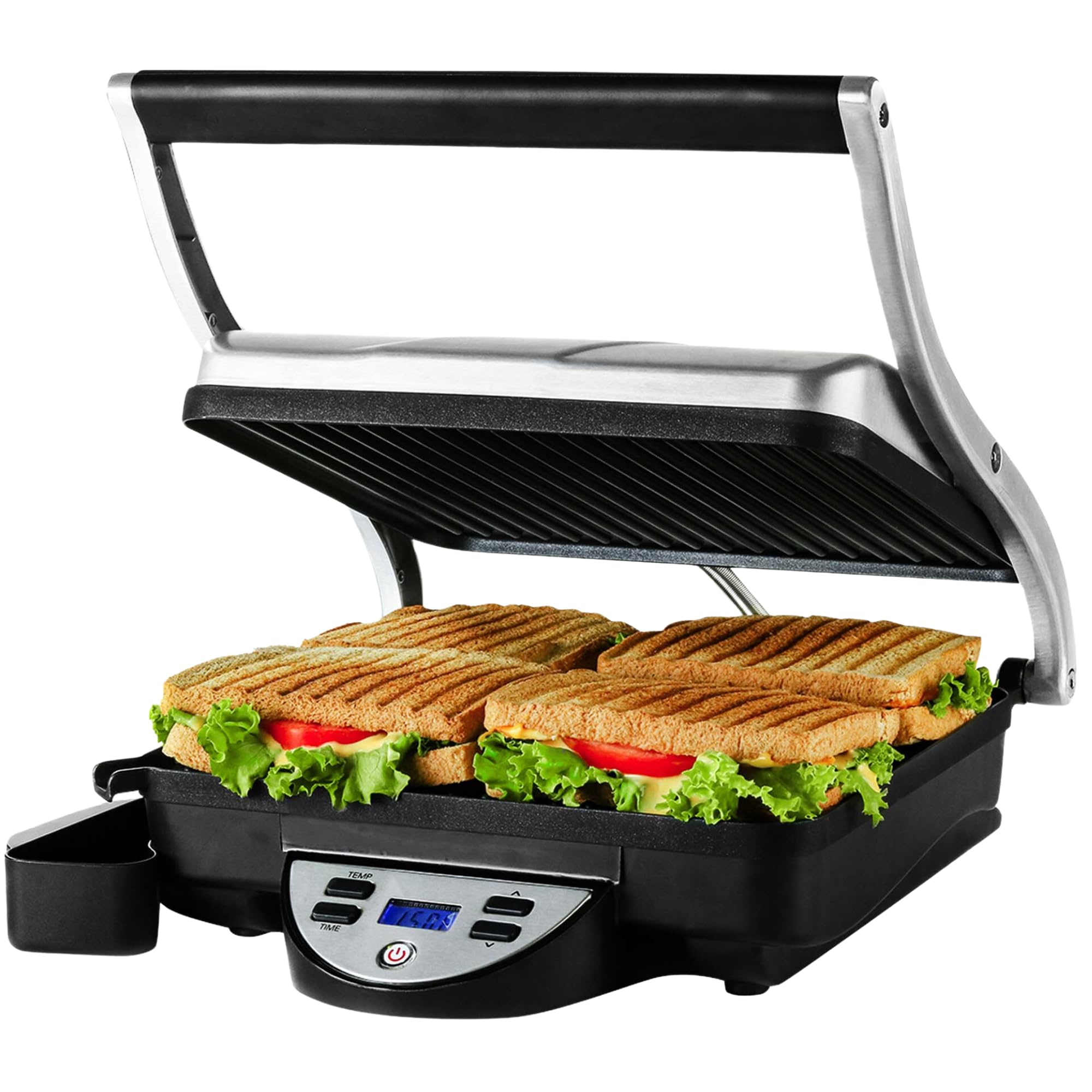 OVENTE 1500W Electric Panini Press Sandwich Maker - Nonstick Indoor Grill with Digital Timer & Temperature Control, Removable Drip Tray - Perfect for 4-Slice Sandwiches, Burgers & Breakfast - Ideal for Home, Office & Camping (Silver GP1000BR)