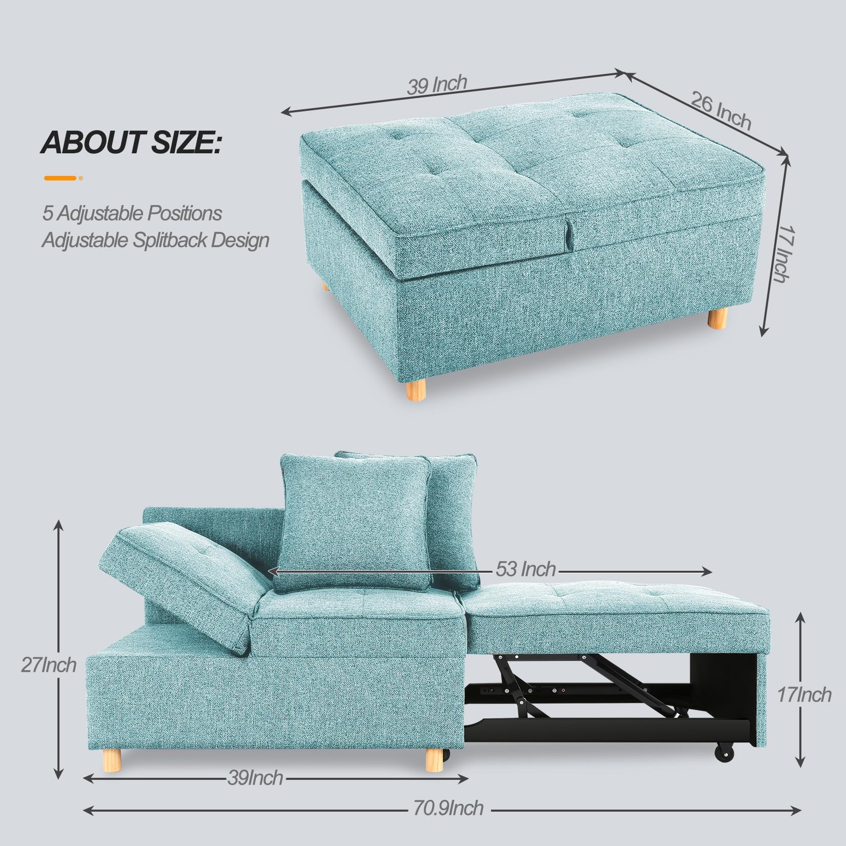 SEJOV 4-in-1 Convertible Sleeper Sofa Bed with Ottoman - Modern Blue Futon Couch with Adjustable Backrest, Armrests & 2 Pillows - Foldable Loveseat for Small Spaces, Apartments, Dorm Rooms & Home Offices - Perfect for Guest Sleeping, Lounging & Space Saving