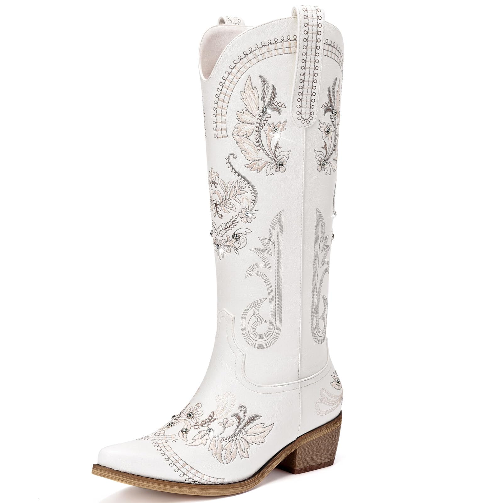 **Women's Cowboy Boots - Wide Calf Knee-High Western Cowgirl Boots with Glitter, Rhinestones & Classic Embroidery | Pointed Toe Pull-On Zipper Retro Boots for Country Dancing, Rodeo & Fashion**