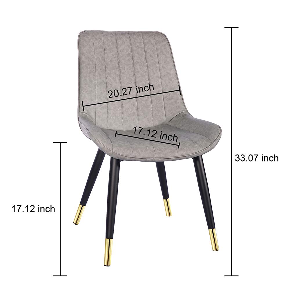 Modern Gray Leather Dining Chairs with Gold-Tipped Metal Legs - Set of 2 Upholstered Kitchen Chairs for Dining Room, Living Room & Bedroom | Elegant Home Decor for Indoor Entertaining & Family Gatherings
