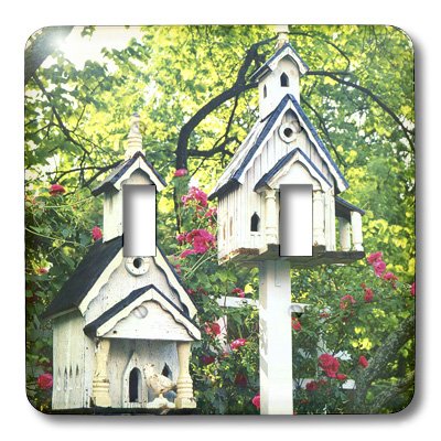 3D White Wooden Bird Houses with Pink Flowers and Trees - Double Toggle Switch for Garden Decor, Outdoor Patio, and Backyard Wildlife Habitat