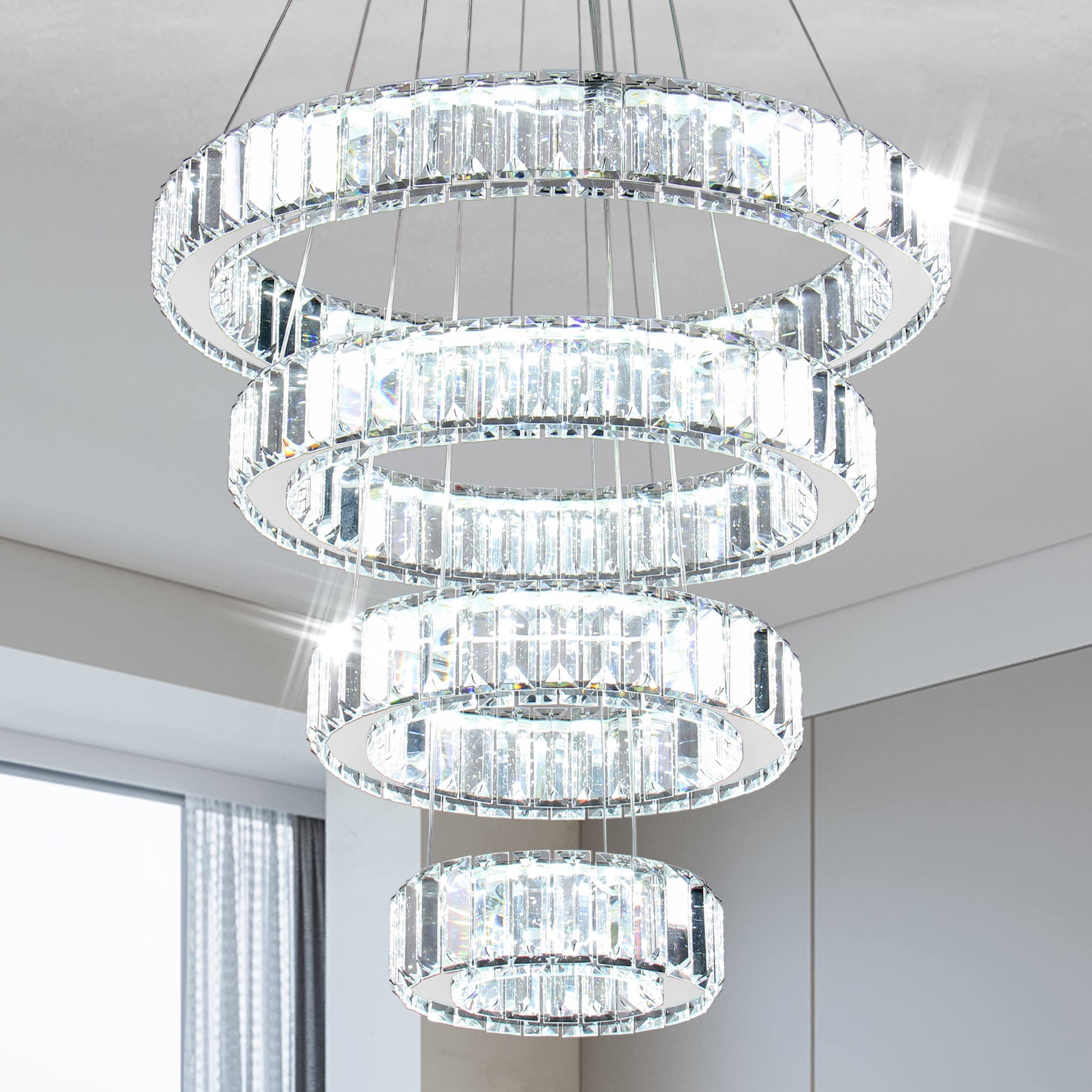 Elegant Modern LED Crystal Chandelier Pendant Light - 4 Ring Design for Dining Room, Bedroom & Living Room - Adjustable Sizes (7.9