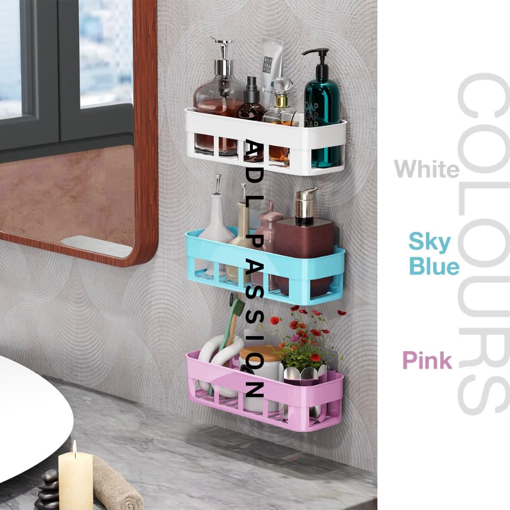 ADL PASSION White Wall Mounted Bathroom Shelf - Self Adhesive Plastic Shower Organizer for Toiletries, Cosmetics & Essentials - Perfect for Small Bathrooms, Showers & Vanities (Waterproof & Space-Saving)