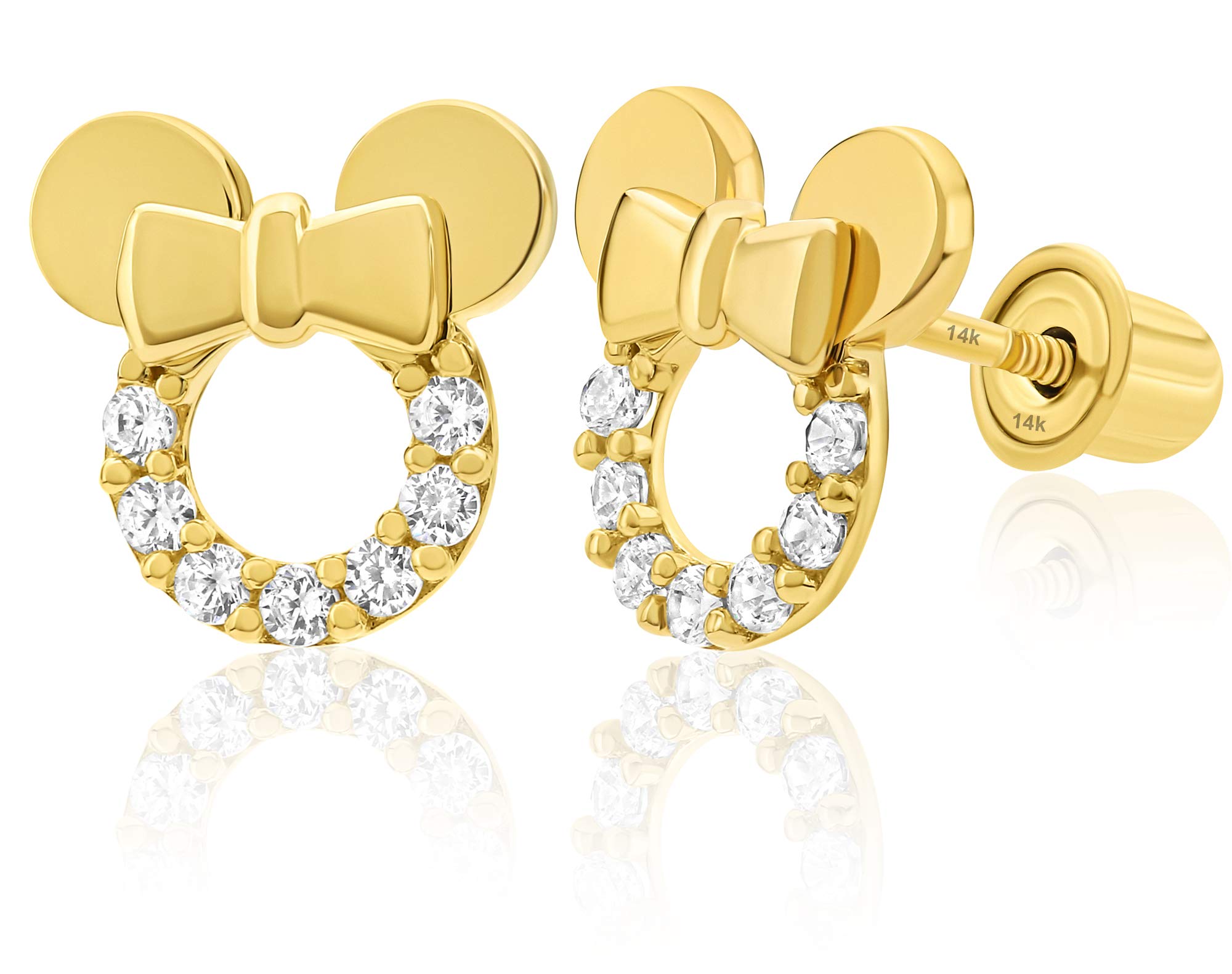 14K Yellow Gold Mouse Stud Earrings with Cubic Zirconia - Comfortable Screw Back for Secure Fit - Perfect for Everyday Wear, Gifts & Special Occasions