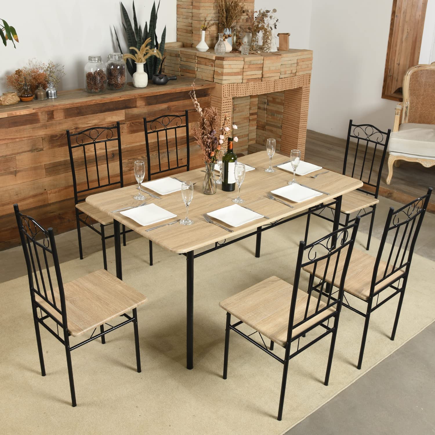7-Piece Space Saving Dining Set with Wood Top & Metal Legs - Compact Kitchen Table & 6 Chairs for Small Homes, Apartments & Patios (Beech) | Perfect for Breakfast Nooks, Studio Living & Outdoor Entertaining