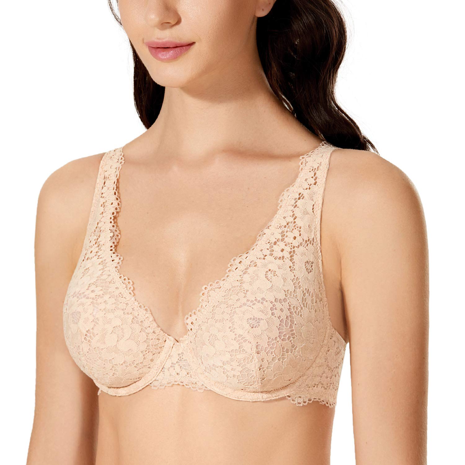DOBREVA Women's Plus Size Lace Unlined Plunge Bra with Underwire - Sheer Full Coverage Bralette for Comfort & Support | Perfect for Everyday Wear, Date Nights & Special Occasions