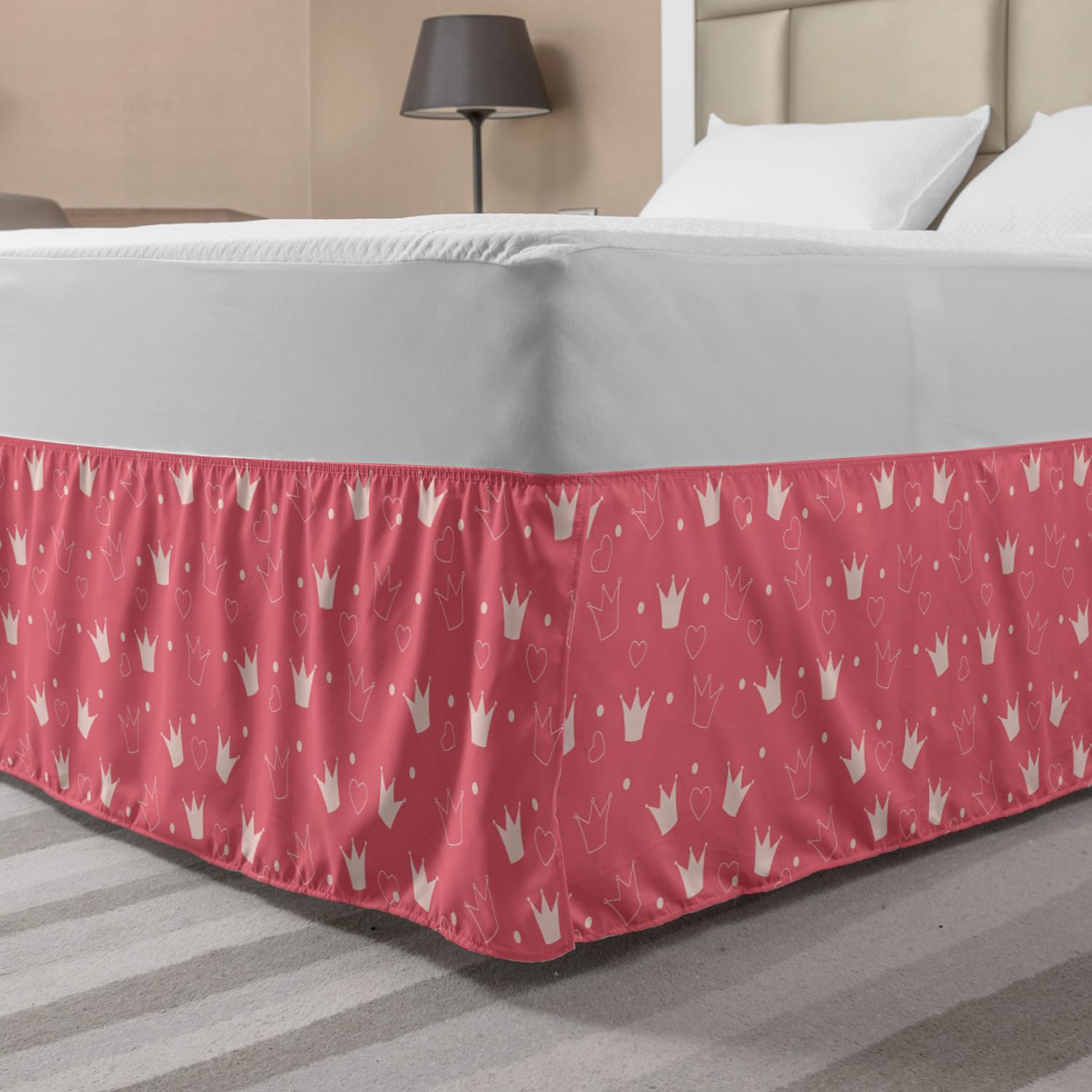 Ambesonne Cartoon Bed Skirt - Pastel Crowns Dots & Hearts Design, Elastic Dust Ruffle Wrap Around Bedskirt for Queen Size Beds, Champagne Pink | Perfect for Kids Room Decor, Nursery, and Bedroom Styling