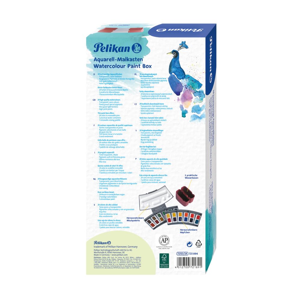 Pelikan Transparent Watercolor Paint Set - 24 Vibrant Colors (721894) | Professional Artist Grade Watercolors for Painting, Sketching & DIY Crafts