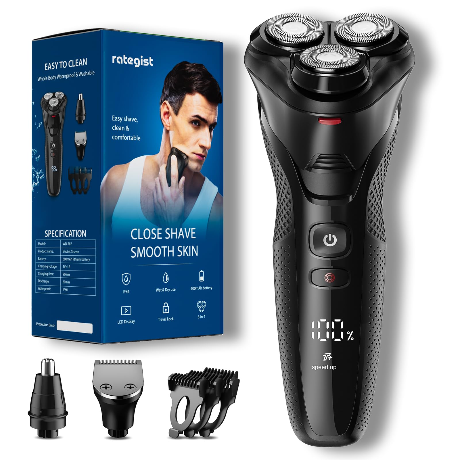 Premium Electric Razor for Men - Rechargeable Wet/Dry Cordless Shaver with Adjustable Speeds | Includes Nose & Sideburn Trimmer Attachments | Waterproof for Shower Use | Ideal for Travel, Gym & Daily Grooming (Light Black)