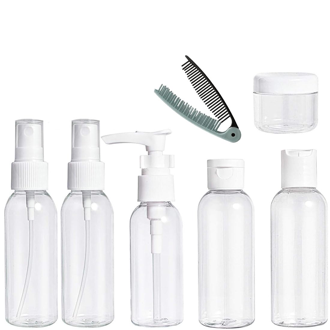 Nyamah 9-Piece Travel Bottles Set with Folding Hair Comb - Refillable Mini Empty Plastic Pump, Spray & Squeeze Bottles for Cosmetics & Toiletries - Includes Storage Bag (Multi-Color) - Perfect for Air Travel, Gym, Camping & Home Organization
