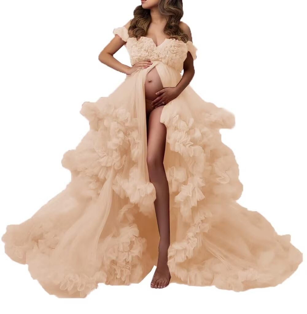 Elegant Long Puffy Maternity Dress with Tulle Skirt - V-Neck Pregnant Wedding Gown for Baby Shower & Photo Shoot | Perfect for Bridal Maternity, Pregnancy Announcements & Special Occasions