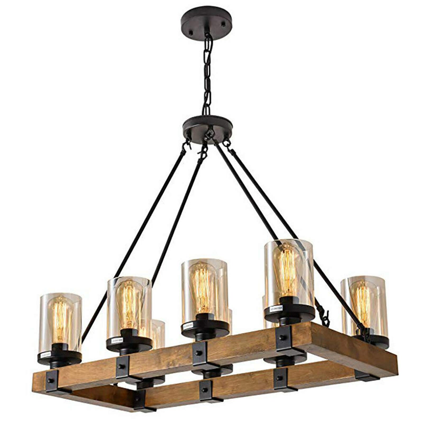 480W Retro Industrial Style 8-Light Wooden Pendant Ceiling Lamp with Adjustable Chain - Candle Glass Lighting Fixture for Restaurant, Kitchen, Farmhouse, Pub & Home Decoration (Black)