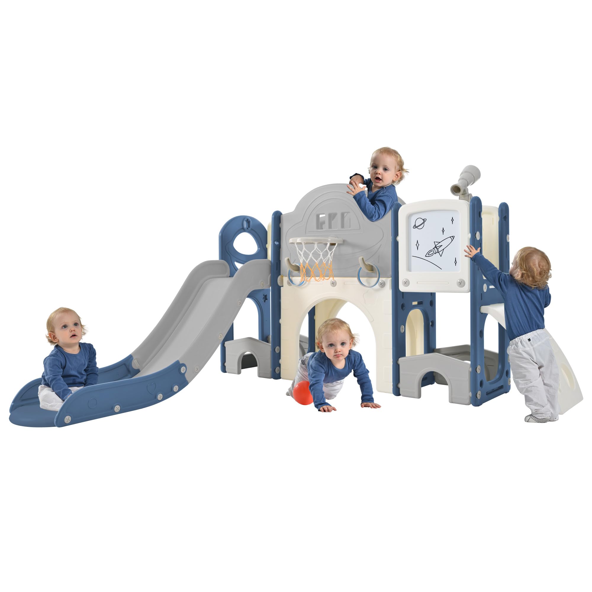 Merax 9-in-1 Multifunctional Toddler Slide Set with Basketball Hoop, Drawing Easel & Ring Toss Game - Indoor/Outdoor Play Slide for Kids Ages 1-3 Years - Perfect for Backyard, Playroom & Preschool Activities