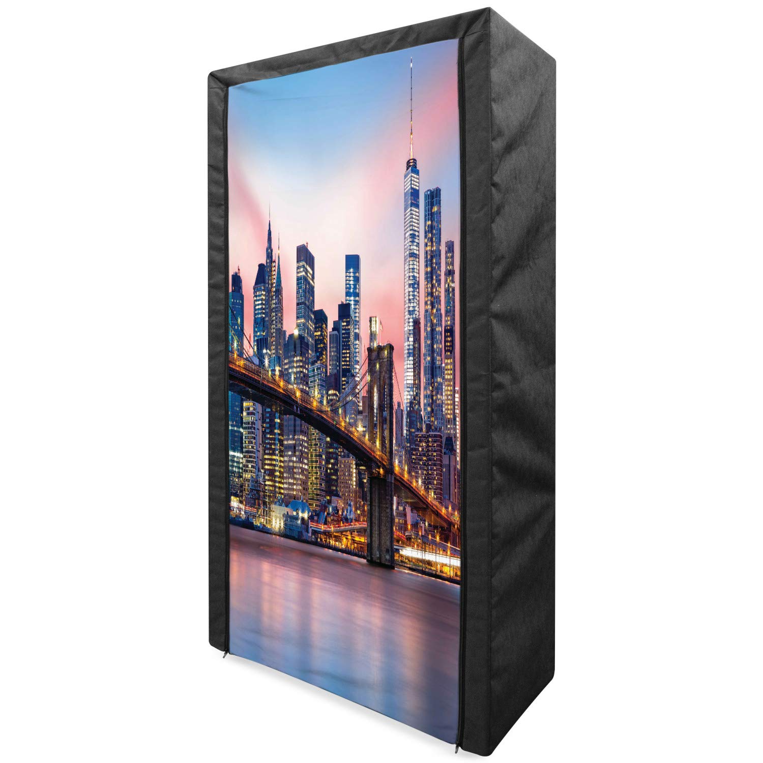 Ambesonne New York Portable Fabric Wardrobe with Shelves - Brooklyn Bridge & Manhattan Skyline Pink Sunrise Art Print - 33.5