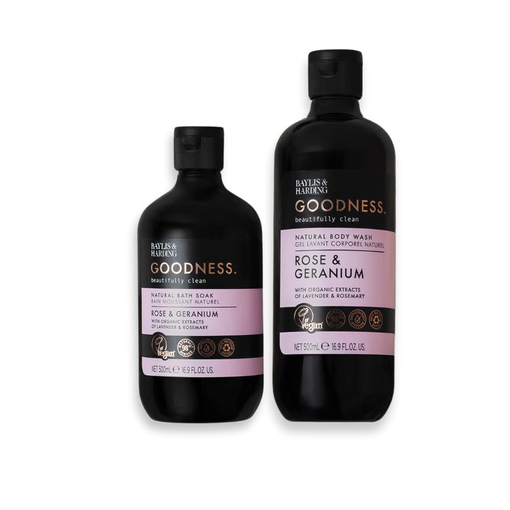 Baylis & Harding Goodness Rose & Geranium Scented Body Wash & Bath Soak Set - 98% Natural, Dermatologist Approved, Vegan Formula for Sensitive Skin | Perfect for Relaxing Baths, Spa Days & Gift Giving