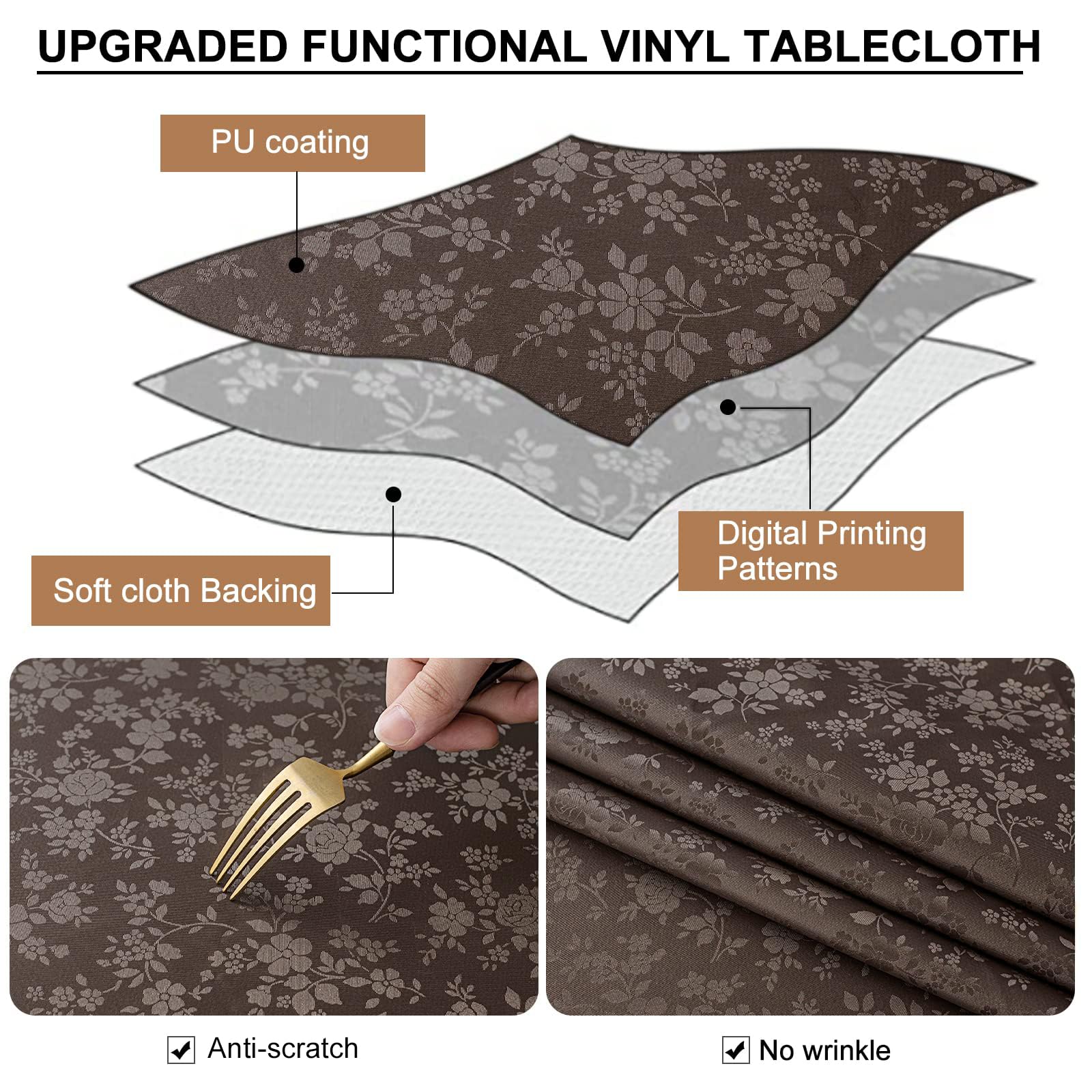 Waterproof Heavy Duty Vinyl Wipeable Washable 60 x 84 Inch Coffee Tablecloth for Kitchen and Dining Room