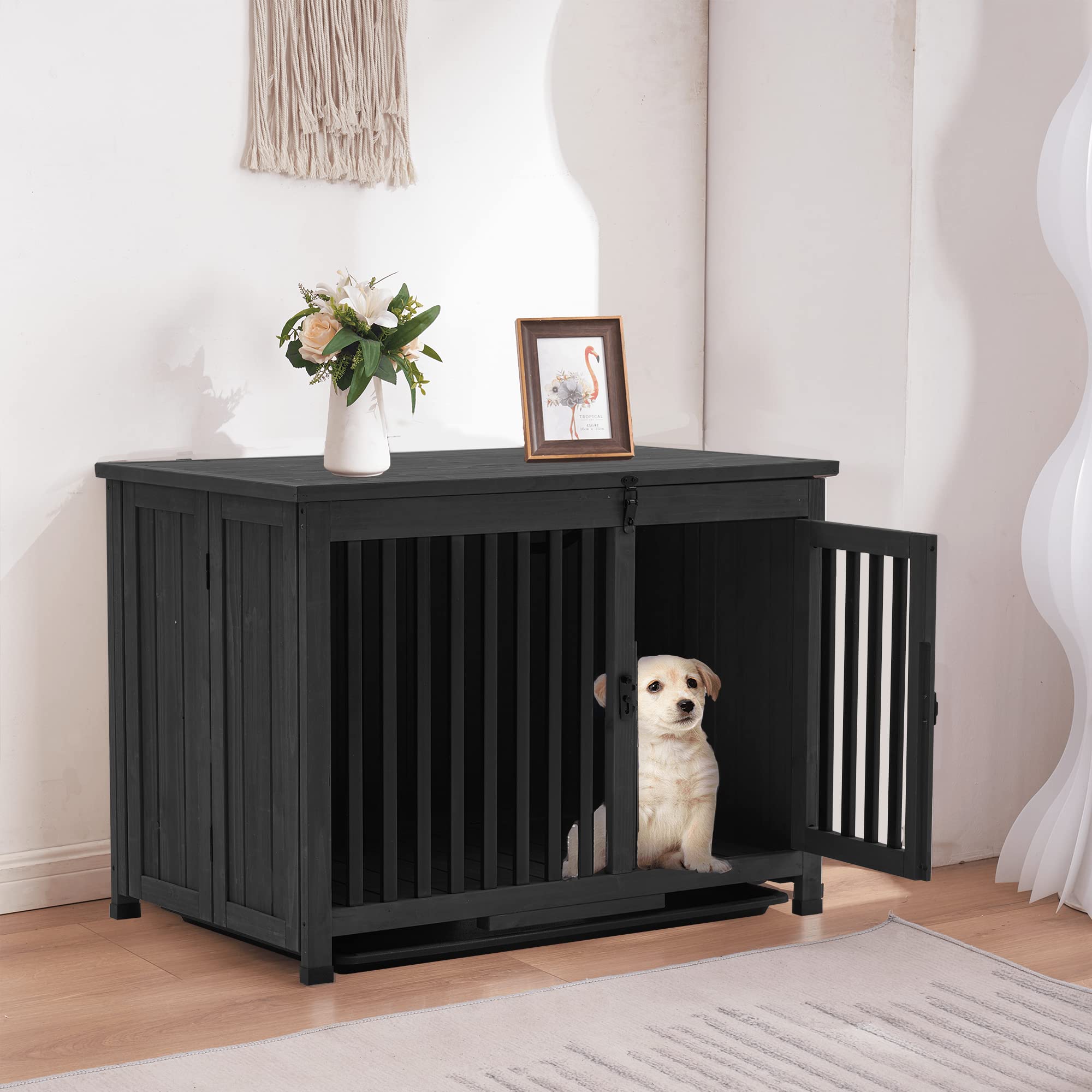 MCombo Solid Wood Dog Crate Furniture - Portable Foldable Indoor Dog Kennel End Table with Removable Tray | Medium Size, Black | Perfect for Living Room, Bedroom & Home Decor