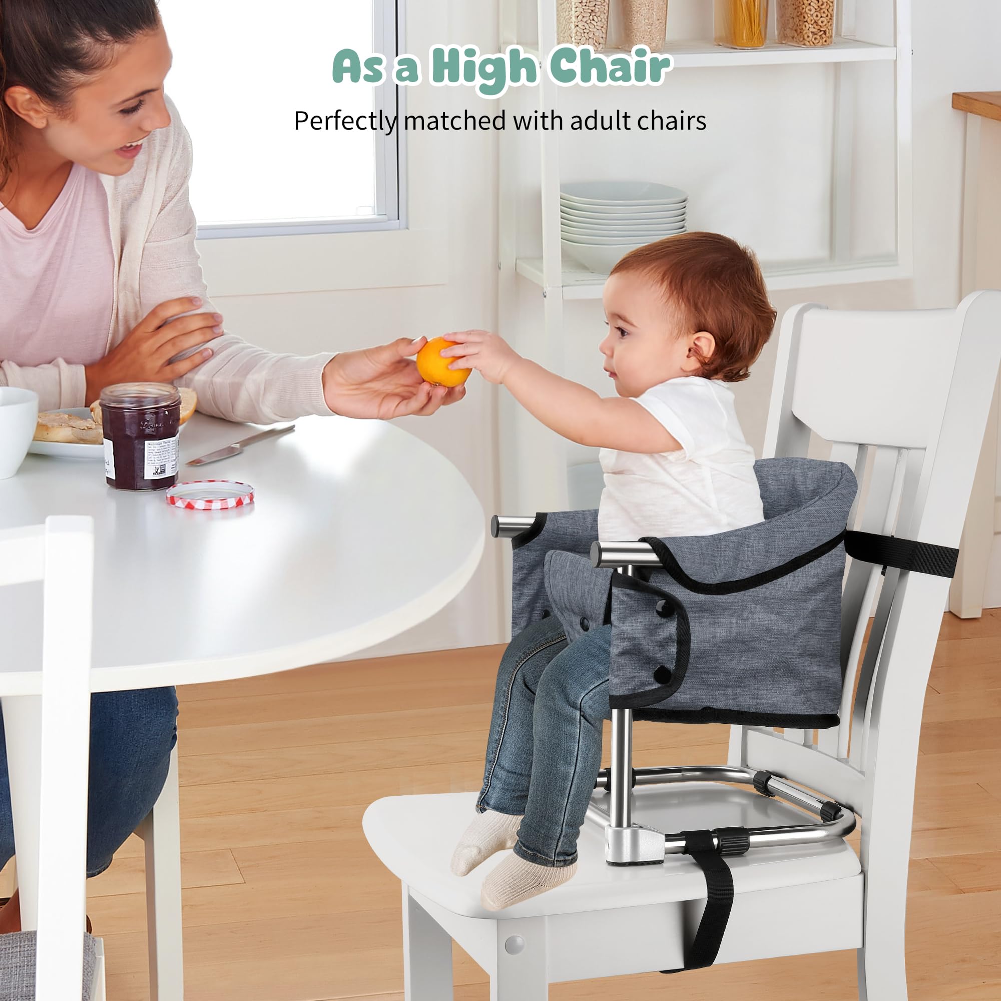 Portable Toddler Booster Seat for Dining Table - Adjustable Height Baby High Chair with Safety Belt, Foldable Kids Feeding Chair for Home Kitchen & Travel - Grey - Perfect for Family Meals, Restaurant Dining and Road Trips