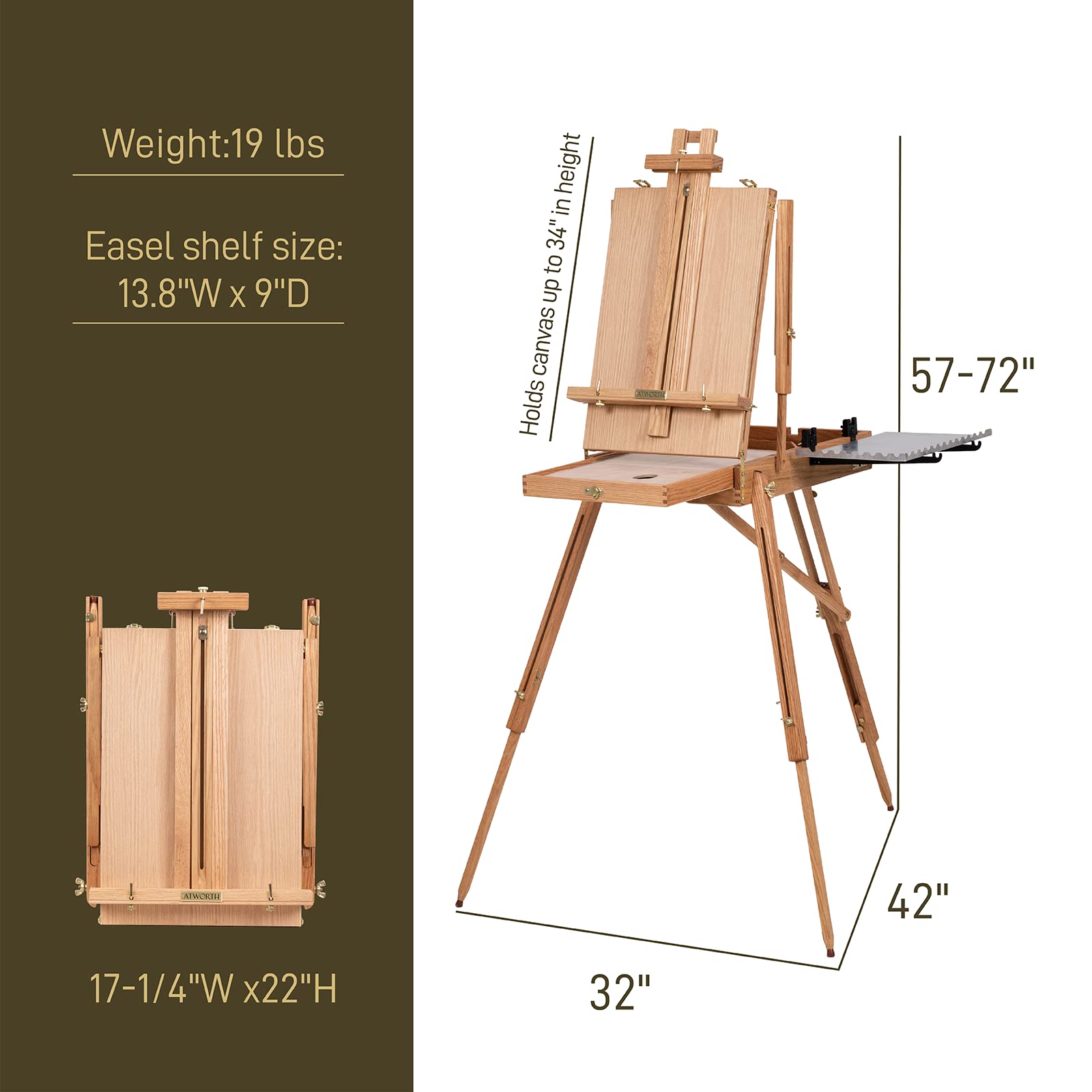 Deluxe Oak Wood French Easel for Painting - Portable Studio & Field Sketchbox Easel Stand with Metal Side Tray, Tabletop & Tripod Floor Use, Holds 34