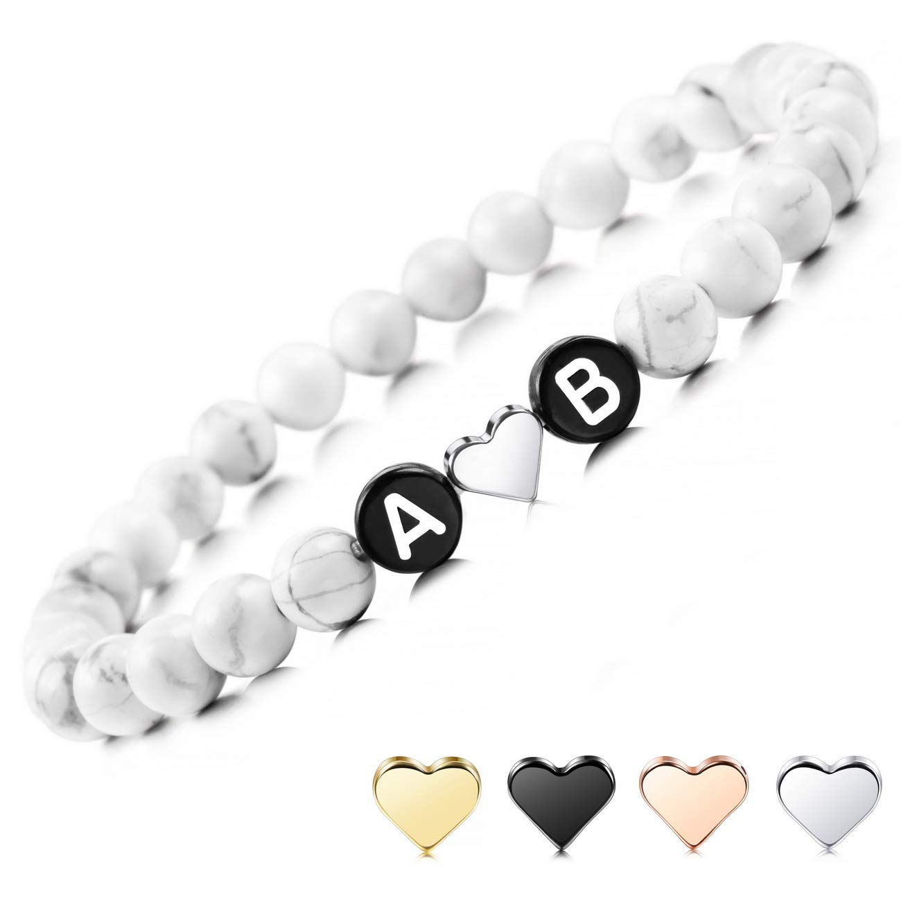 Personalized Initial Bracelet for Couples - Custom Engraved Letter Bead Bracelet for Boyfriend, Girlfriend, Women & Men - Handmade Ankle Bracelet with Heart Charm in White & Natural Turquoise - Perfect Anniversary, Valentine's Day & Romantic Gifts