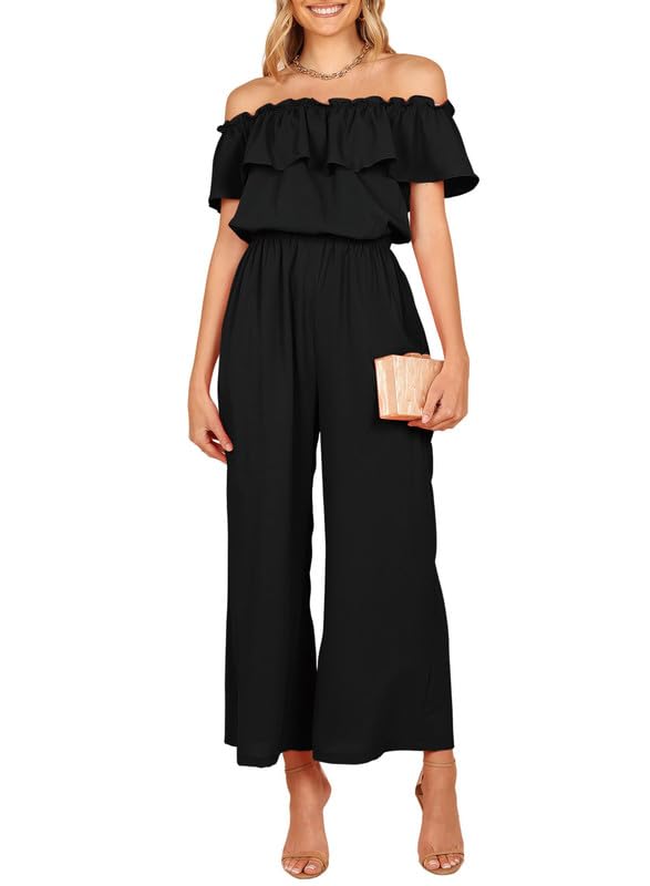 Dokotoo Women's Off Shoulder Casual Jumpsuit with Ruffle Sleeves & Pockets - Summer Beachwear, Party Outfit, Vacation Romper for Women