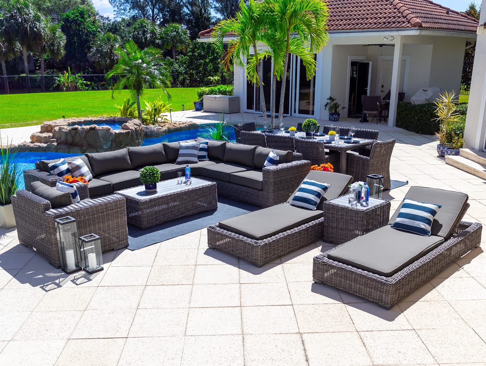 Malmo 18-Piece Gray Resin Wicker Outdoor Patio Furniture Set - Sectional Sofa, 8-Seat Dining Table & Chaise Lounge with Sunbrella Charcoal Cushions | Perfect for Backyard, Poolside & Garden Entertaining