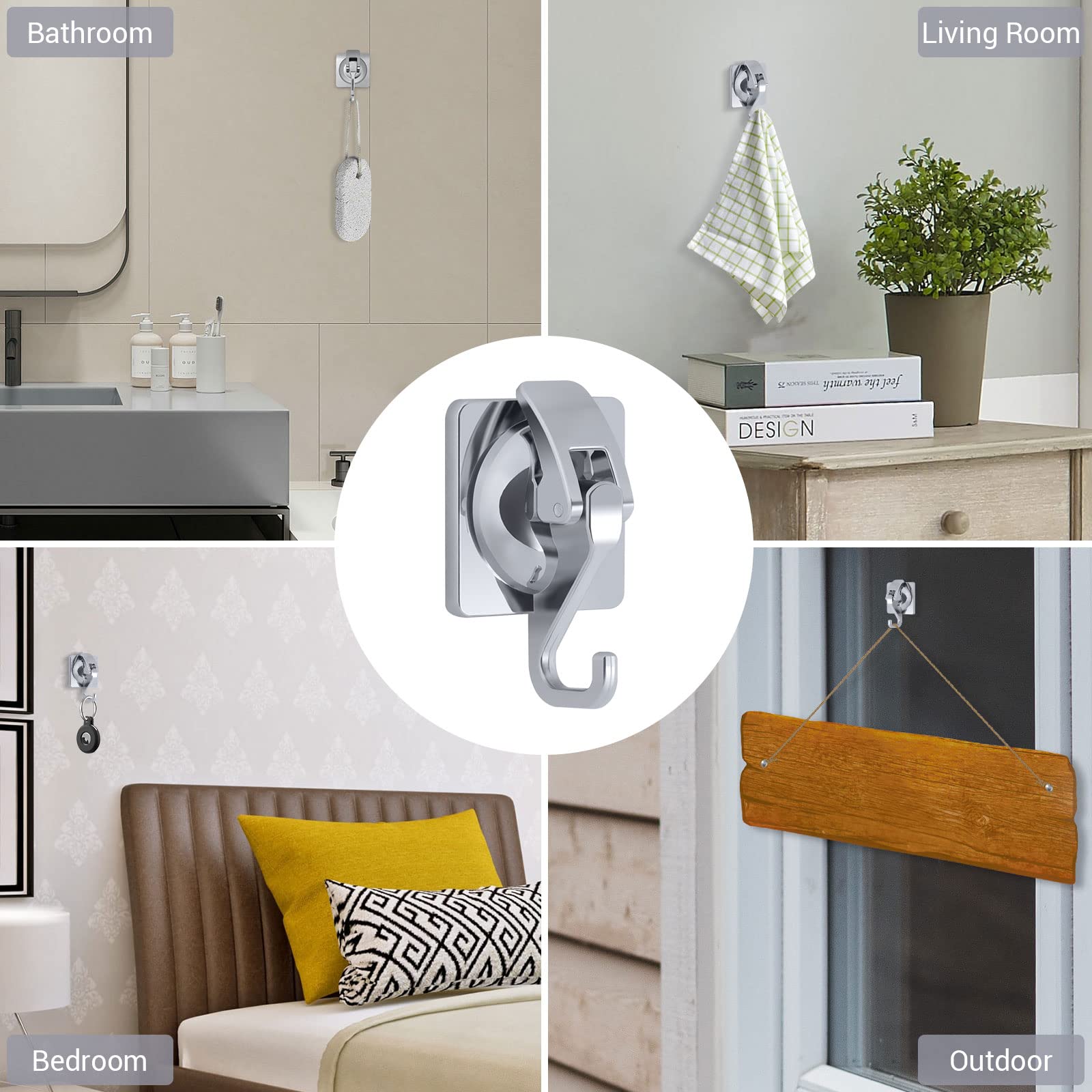 Shower Suction Cup Hooks - 4 Pack Silver Plated Waterproof Towel Hooks with 15lb Weight Capacity | Removable & Reusable Bathroom Wall Hooks for Robes, Garlands & Decor | Perfect for Showers, Bathrooms & Home Organization