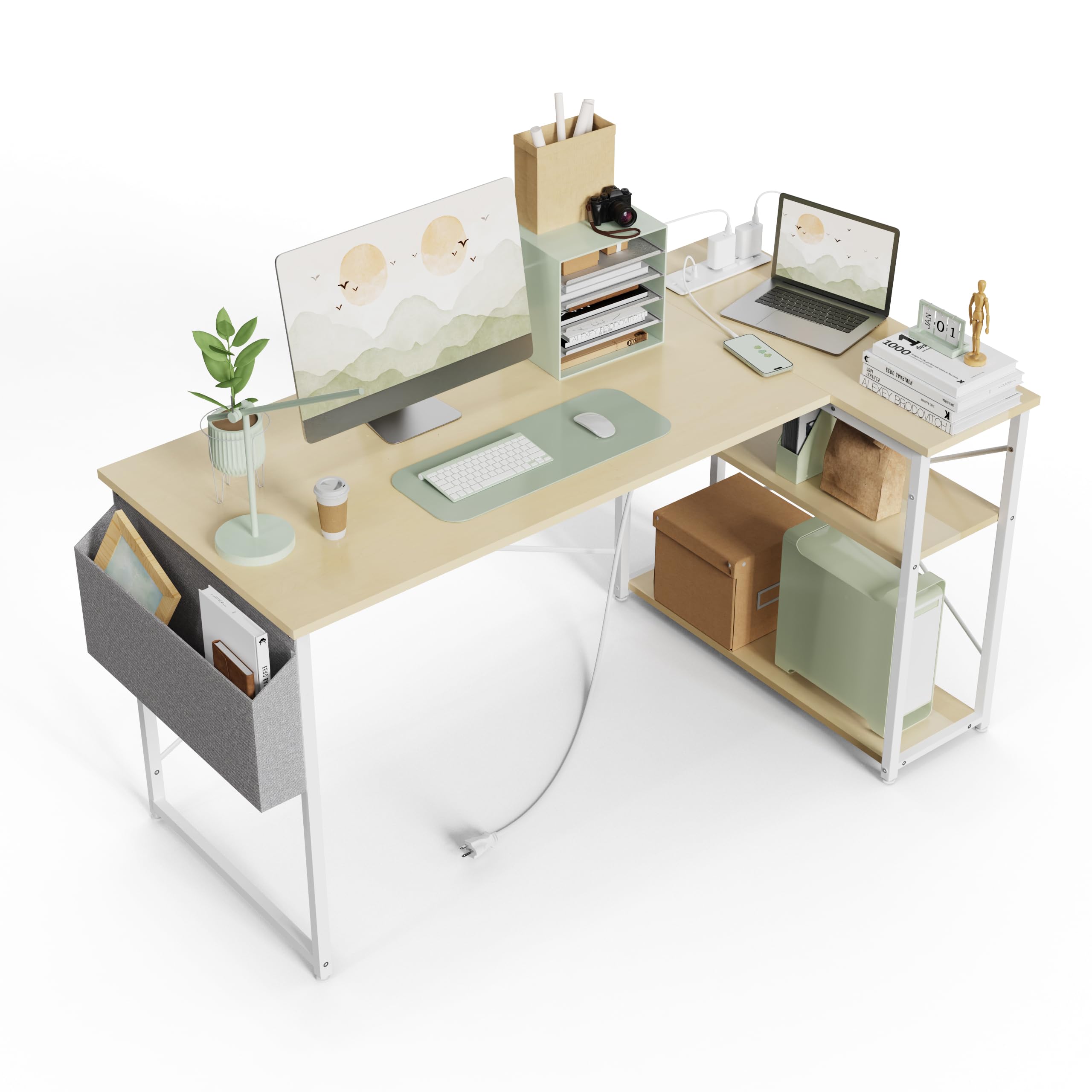 TIQLAB 40 Inch L-Shaped Small Computer Desk with Power Outlets & Reversible Shelves - Compact Corner Gaming Desk, Home Office Study Writing Table for Bedroom, Living Room - Space-Saving Beige Workstation for Small Spaces & Apartment Living