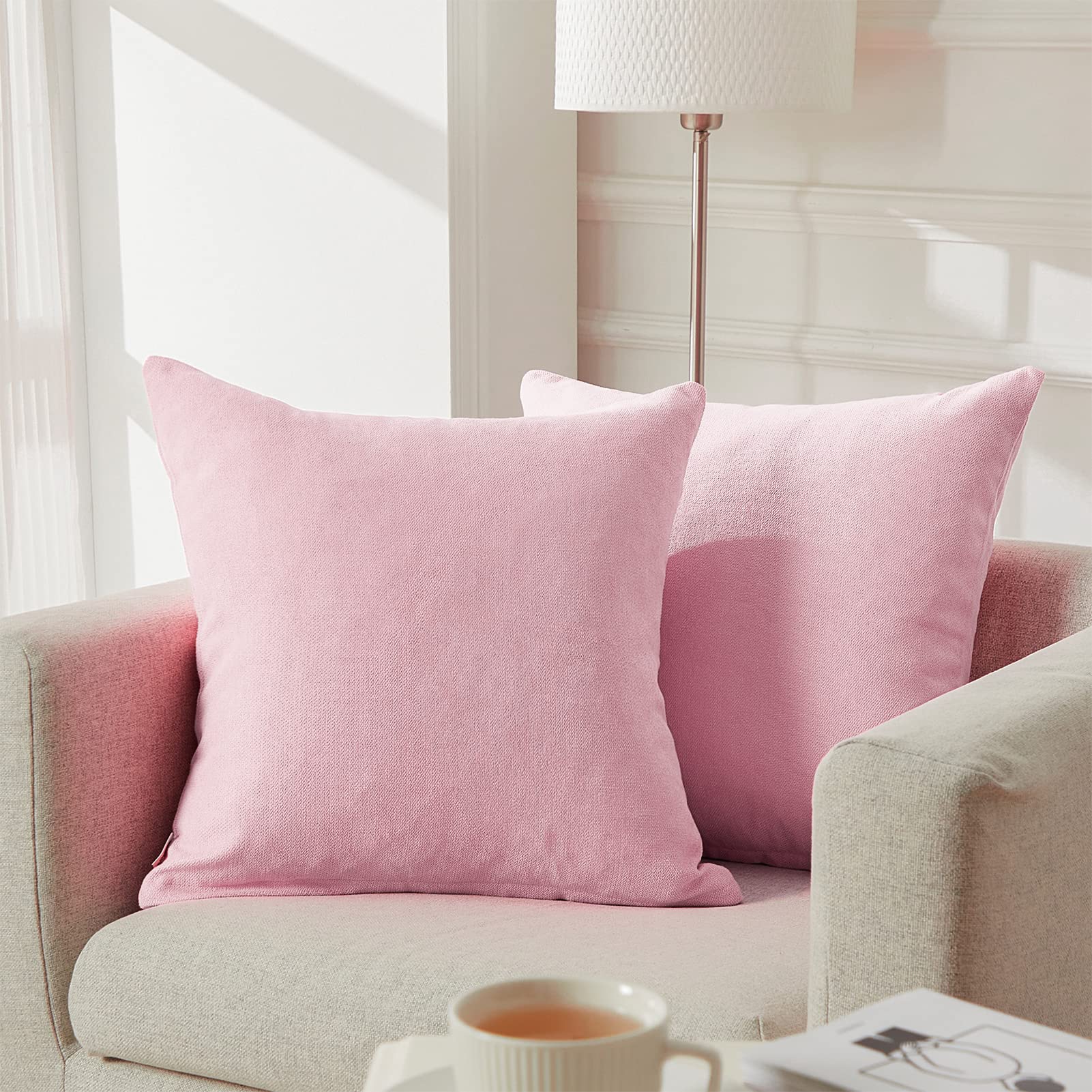 Premium Soft Chenille Decorative Throw Pillow Covers 20x20 Inches - 2 Pack Solid Cushion Covers for Sofa, Bed, Living Room & Car - Cozy Home Decor Gift in Baby Pink