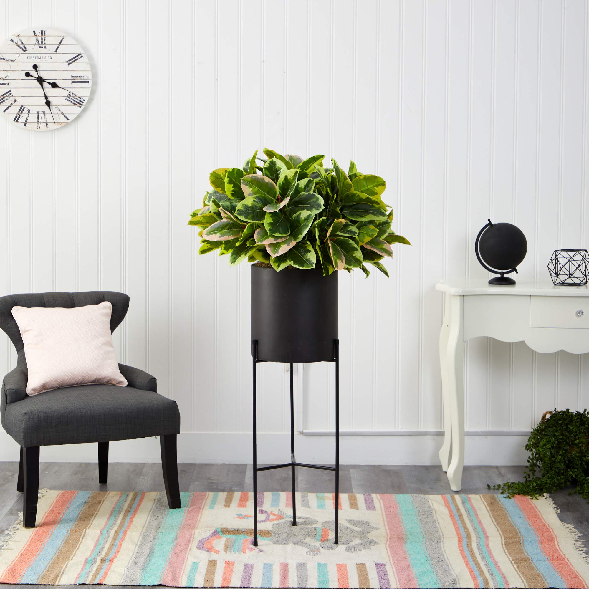 Nearly Natural 55in. Real Touch Artificial Rubber Leaf Silk Plant in Black Planter with Stand - Perfect for Home Office Decor, Living Room Greenery & Indoor Plant Lovers
