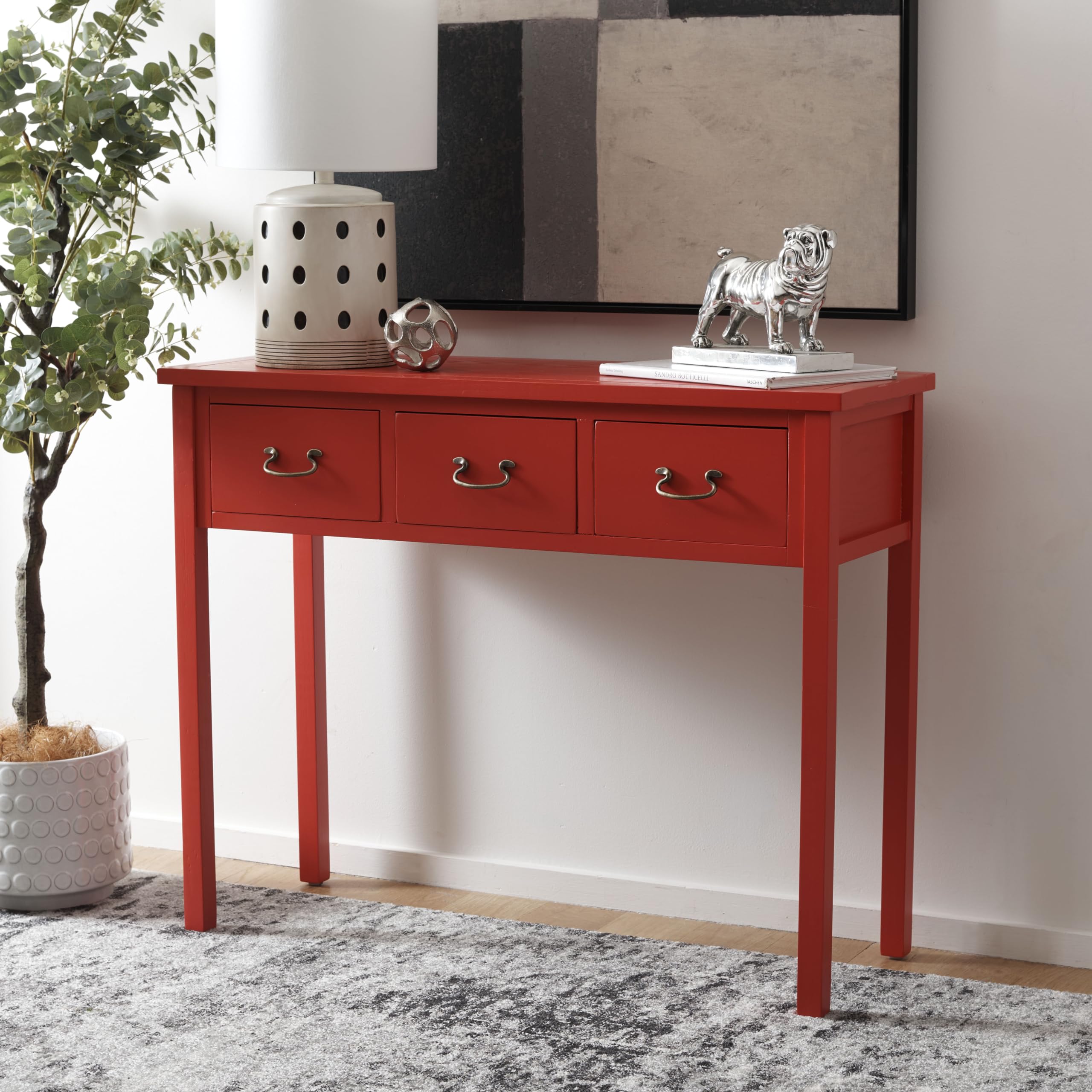 SAFAVIEH Cindy Farmhouse 3-Drawer Console Table - Rustic Red Entryway Table for Living Room, Hallway & Bedroom Decor